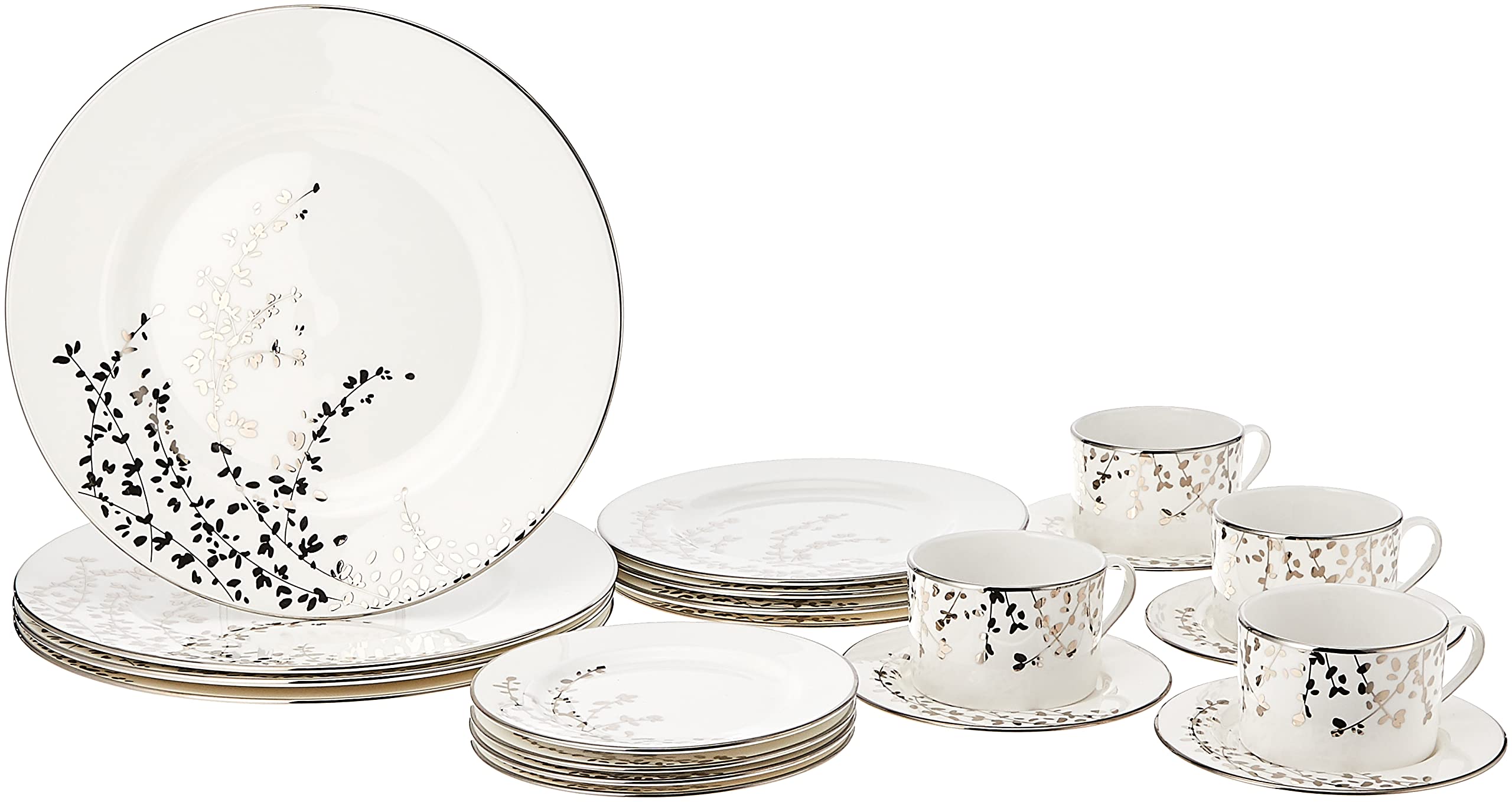 Kate Spade Gardner Street Platinum 20-Piece Dinnerware Set - White Porcelain Tableware for 4 People (18.65 LB) - Elegant Dinner Plates, Salad Plates, Bowls & Mugs - Perfect for Formal Dining, Wedding Registry & Holiday Entertaining