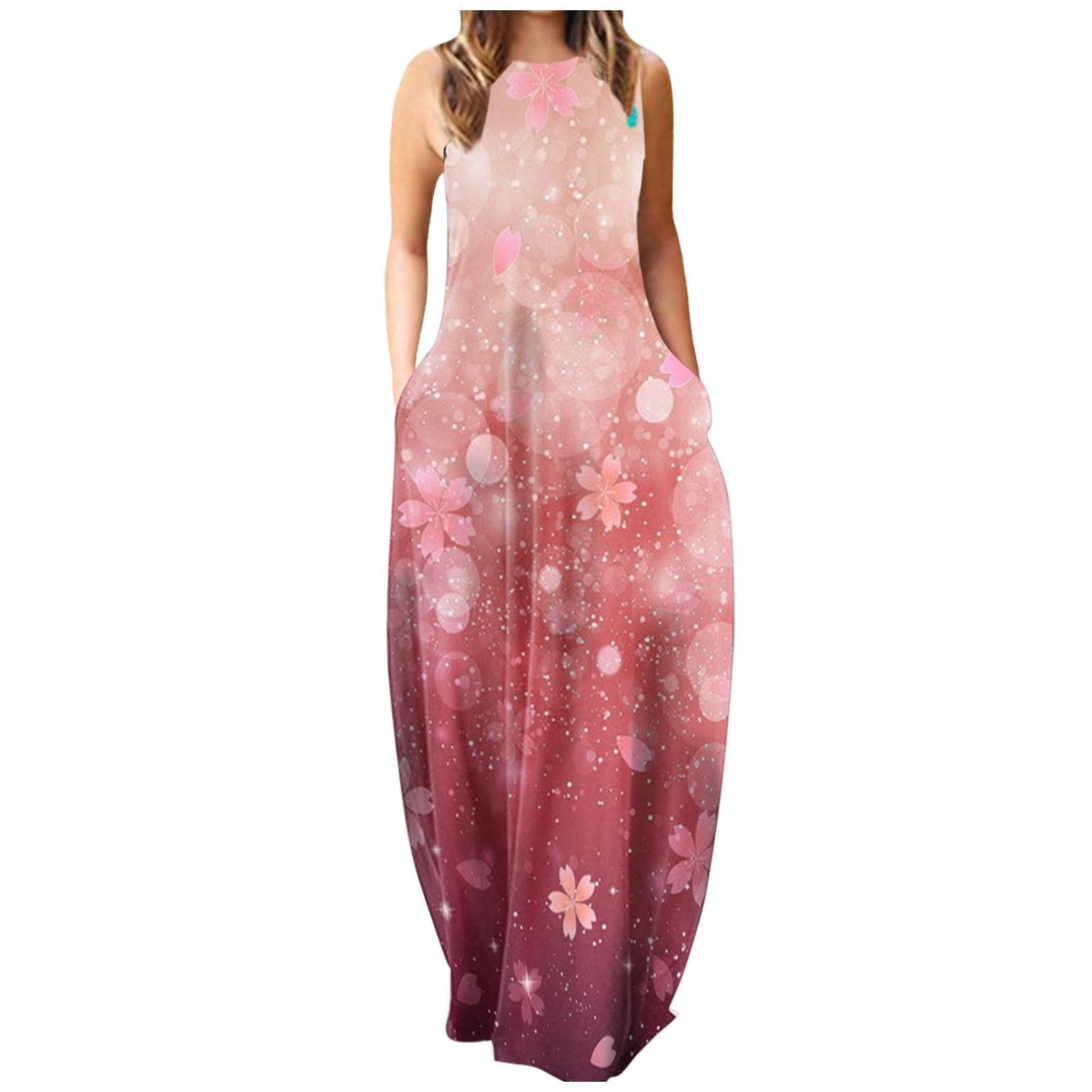 Women's Plus Size Floral Print Summer Casual Dress - Sleeveless O-Neck Pullover Long Dress for Beach, Vacation & Everyday Wear