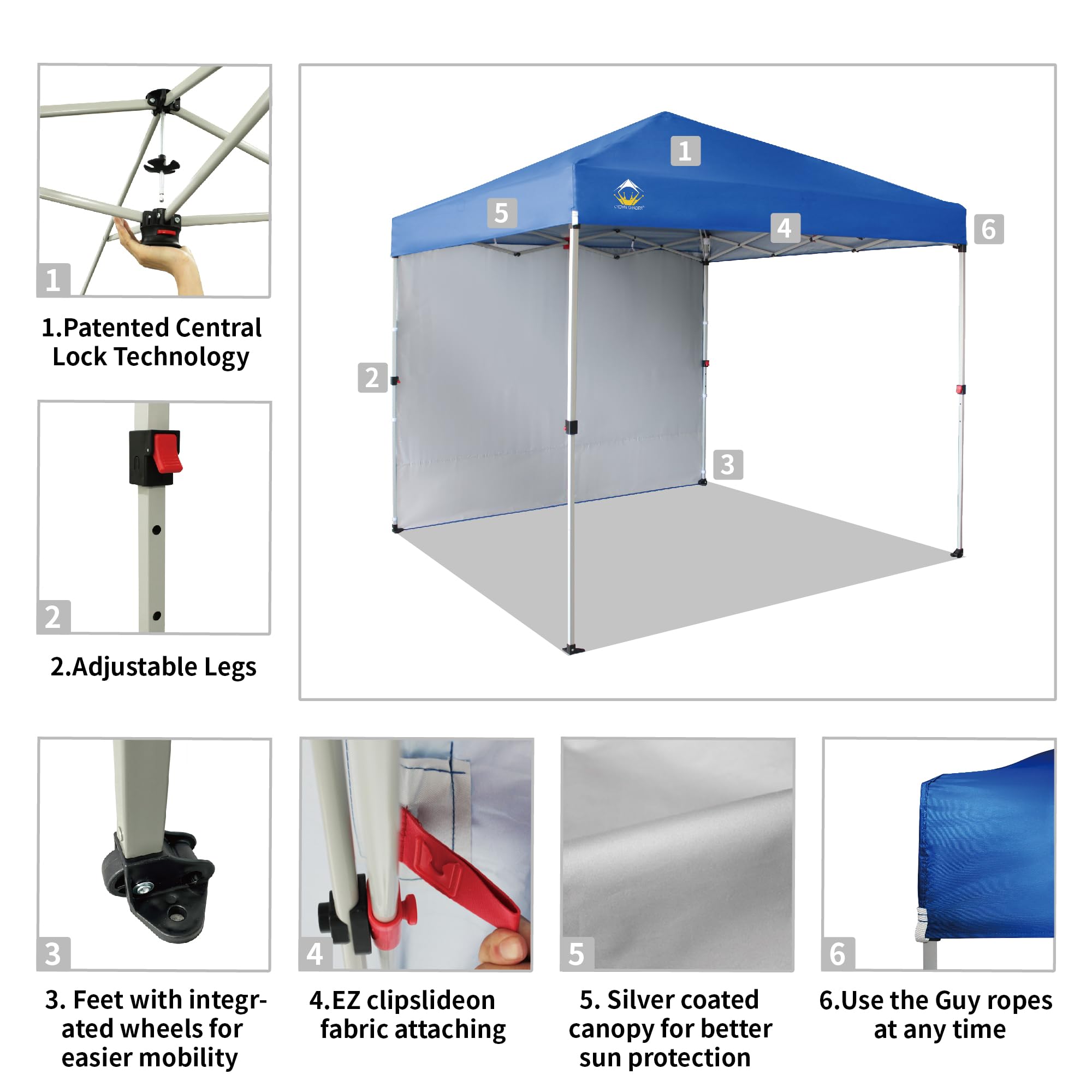 CROWN SHADES 8x8 Pop Up Canopy Tent with 1 Side Wall - Instant Setup Beach Tent & Outdoor Sun Shade for Camping, Backyard Parties, Picnics - Portable Gazebo with STO-N-Go Carry Bag (Blue) | Perfect for Beach Days, Tailgating & Outdoor Events
