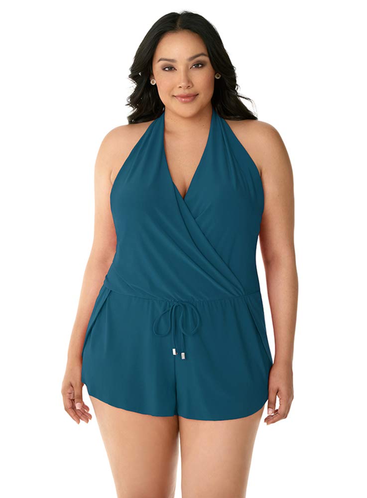 MagicSuit Women's Plus Size V-Neck Halter One Piece Swimsuit - Soft Cup Solid Color Bathing Suit for Women | Perfect for Beach Vacation, Pool Party & Summer Swimming