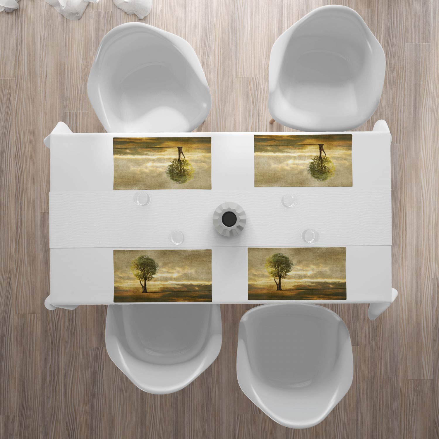 Ambesonne 4-Piece Tree Placemats Set - Beige Tones Surreal Landscape with Lonely Tree, Woodland Inspired Washable Fabric Placemats for Dining Table & Kitchen Decor (Beige/Green/Pale Yellow) - Perfect for Dinner Parties, Holiday Gatherings & Everyday Meals
