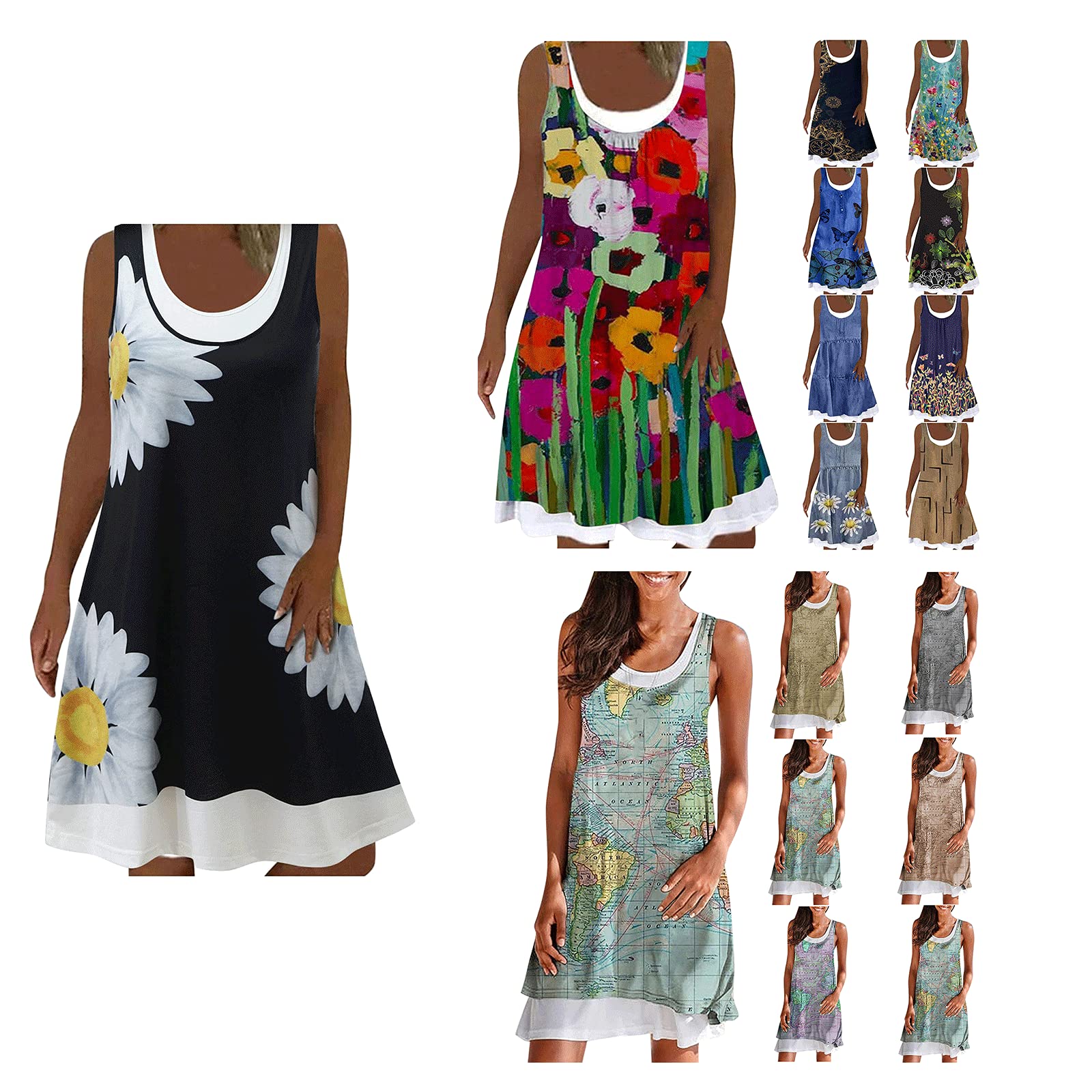 Fashsgirl Women's Summer Casual Printed Round Neck Sleeveless T-Shirt Dress - Plus Size Romper Midi Dresses for Beach, Vacation & Everyday Wear
