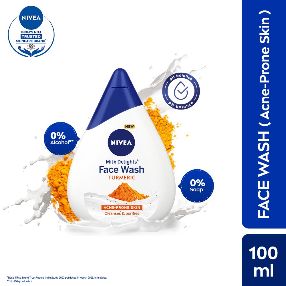 NIVEA Milk Delights Turmeric Face Wash 100ml - Hydrating & Antibacterial with Milk & Turmeric Extract | pH Balanced for All Skin Types | Reduces 99.9% Acne-Causing Bacteria | Perfect for Daily Cleansing & Acne-Prone Skin Care Routine