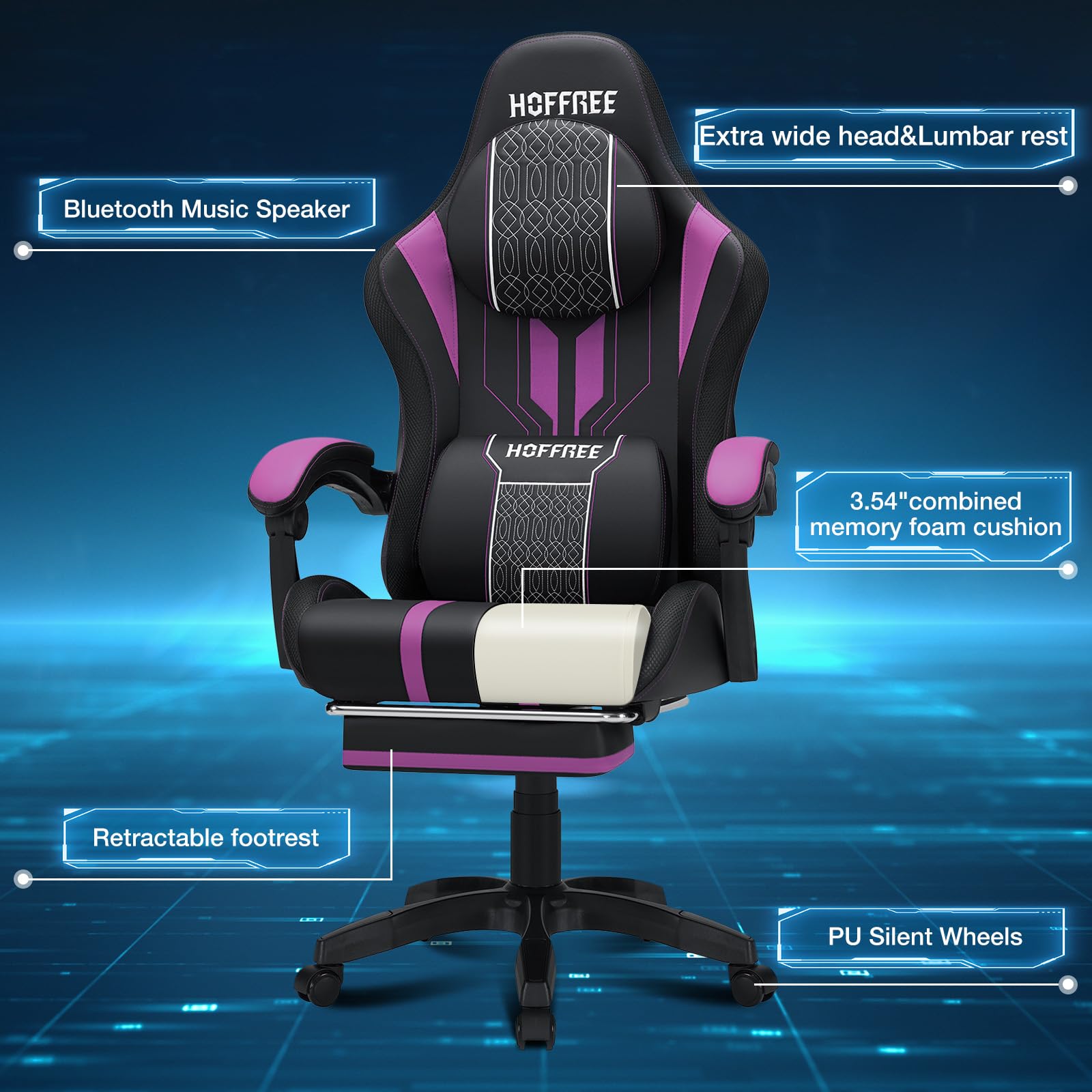 HOFFREE Big and Tall Gaming Chair with Bluetooth Speakers, Massage, Footrest - 400lbs Capacity Reclining High Back Office Computer Desk Chair (Purple & Black) - Perfect for Gaming, Work, and Home Office Use