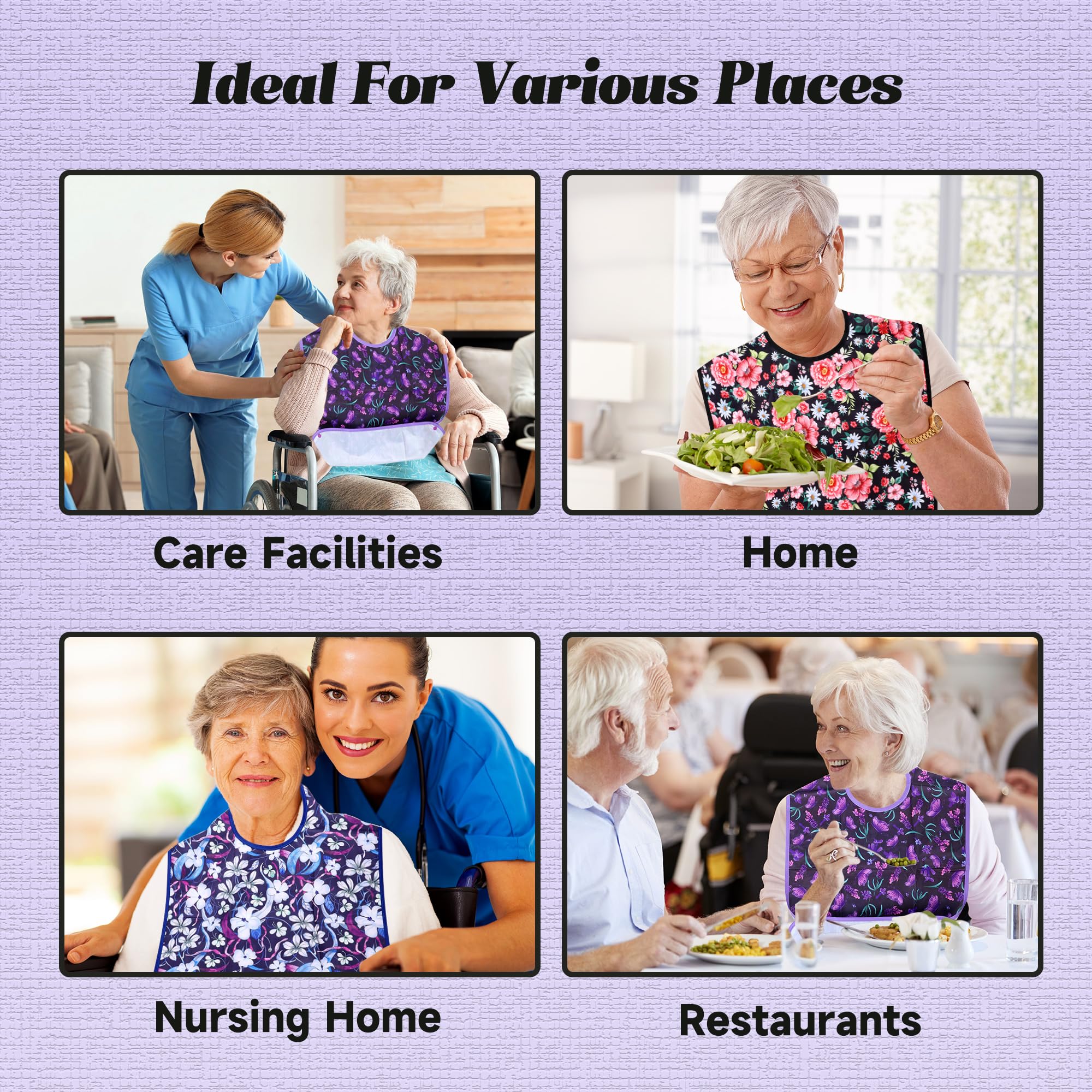 **3 Pack Reusable Waterproof Adult Bibs with Crumb Catcher - Washable Clothing Protector for Mealtime, Elderly Care & Dining Independence**