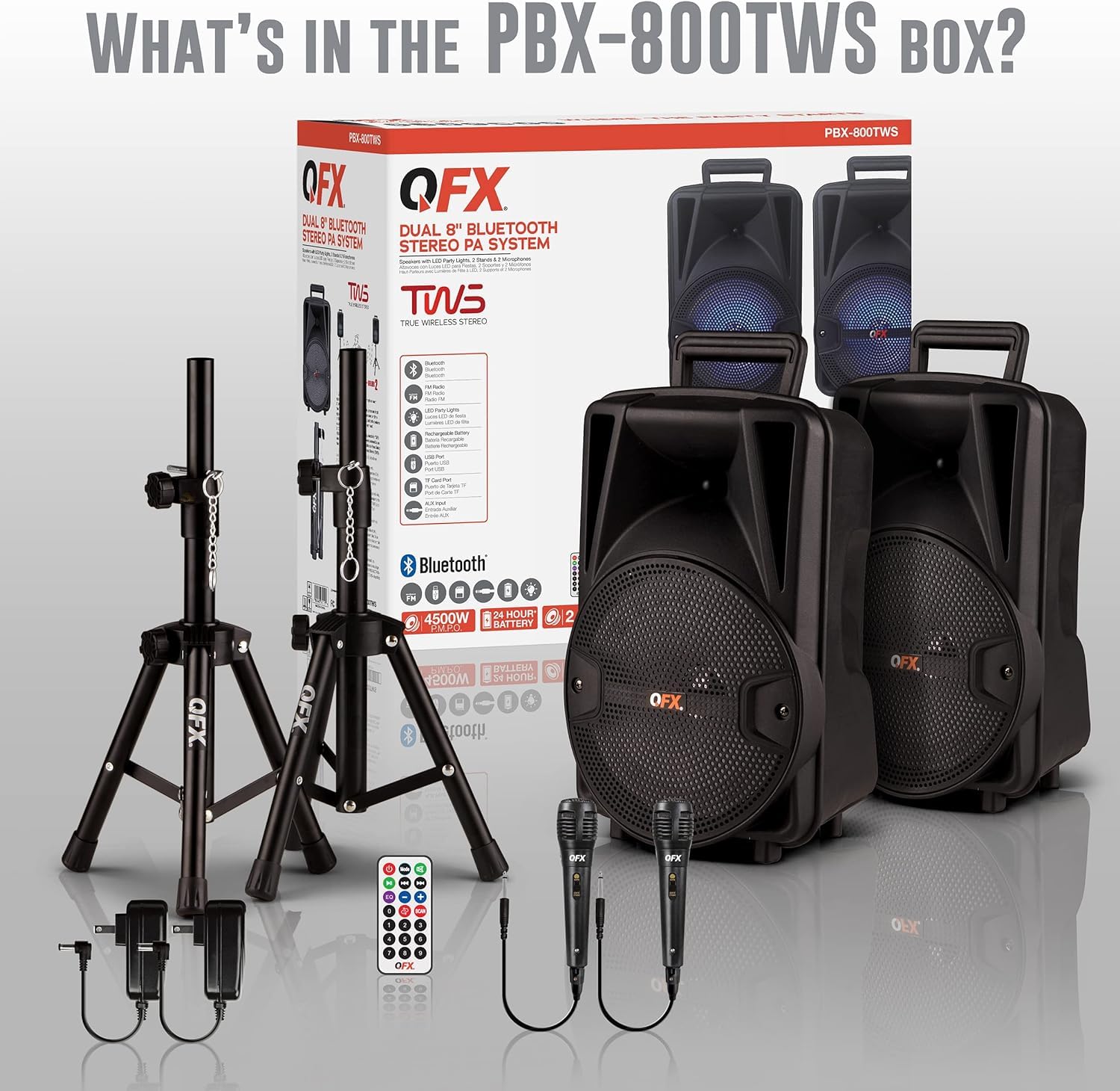 QFX PBX-800TWS 8-Inch TWS Bluetooth Stereo PA System with 2x8
