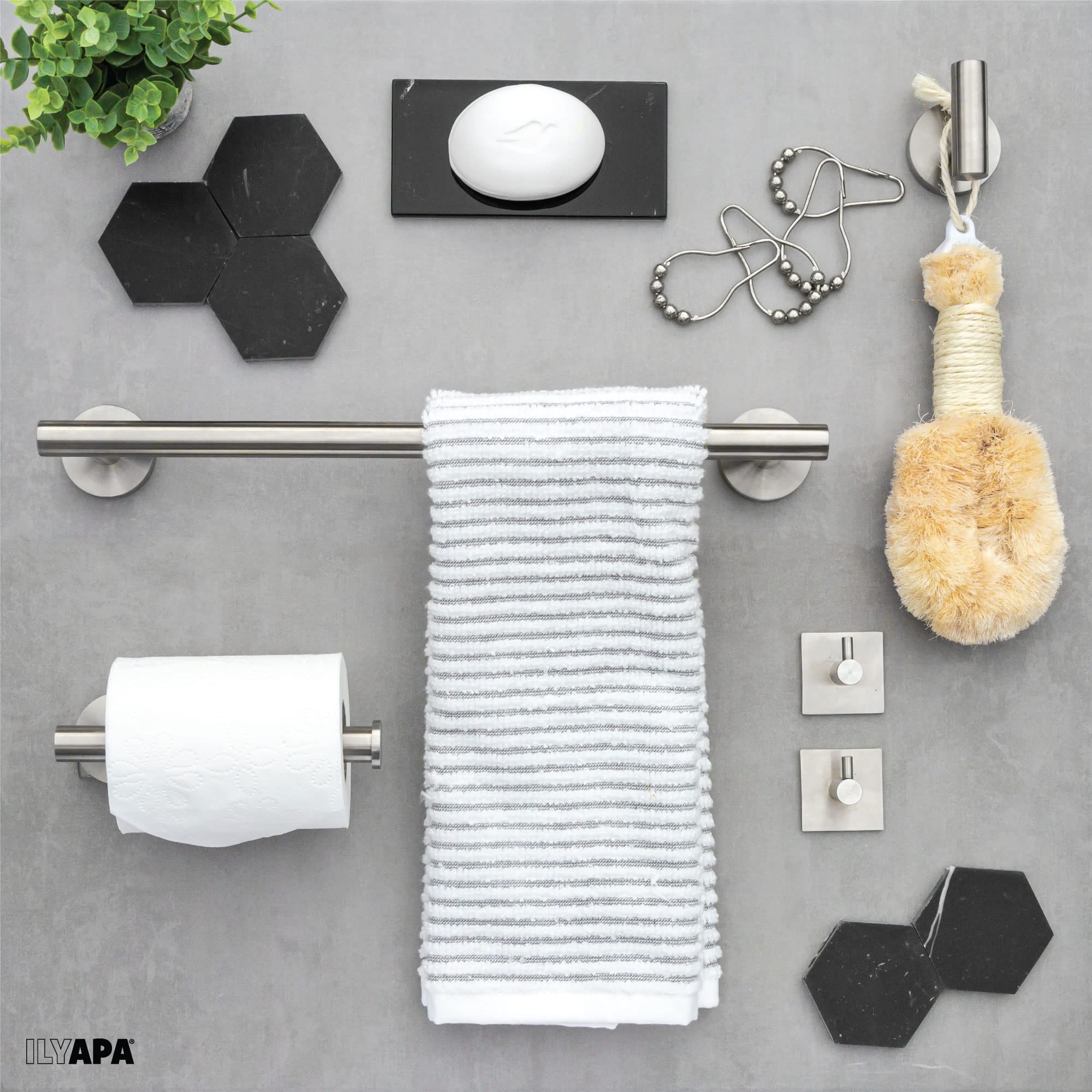 Ilyapa 5-Piece Brushed Nickel Bathroom Hardware Set - Wall Mounted Towel Bar, Toilet Paper Holder & Hooks (1 Large + 2 Small) for Modern Bathrooms - Satin Nickel Finish for Home & Hotel Use