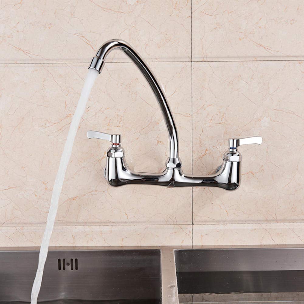 360° Swivel Chrome Wall Mounted Kitchen Faucet - Dual Handle Hot & Cold Water Mixer Tap with Goose Neck Spout for Modern Kitchen Sink