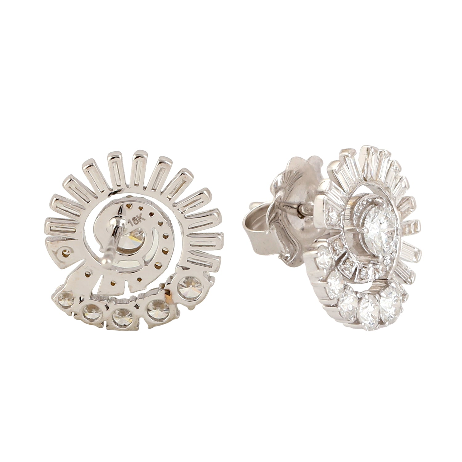 18K White Gold Baguette Cut Diamond Spiral Stud Earrings - Elegant Wedding, Anniversary & Special Occasion Jewelry Gift