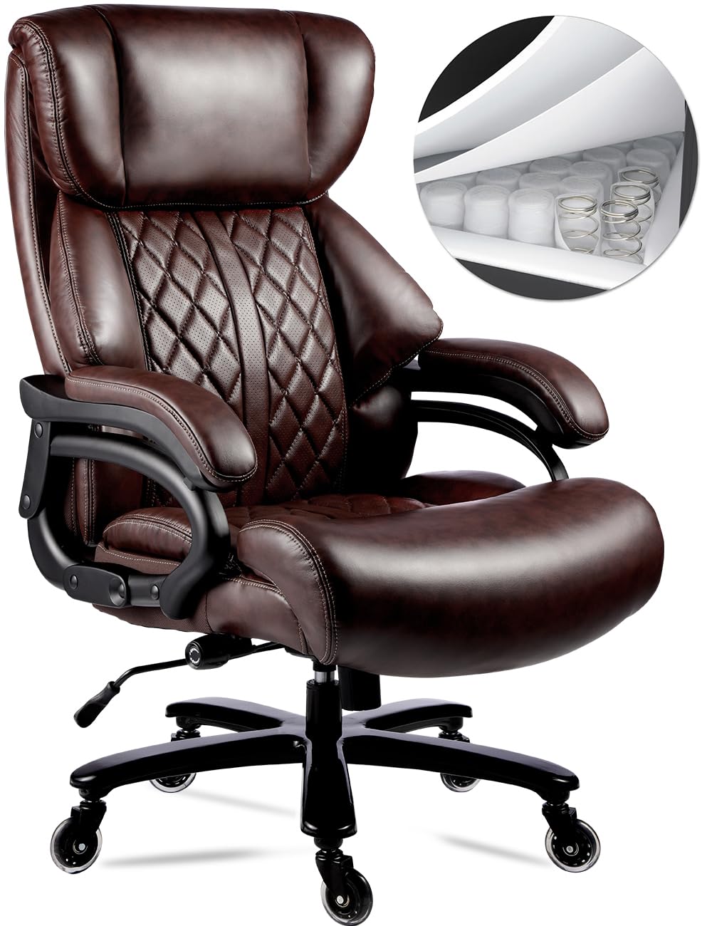 Heavy Duty 400lbs Big and Tall Office Chair for Heavy People - Executive Ergonomic Desk Chair with Wide Spring Seat, 360° Swivel & Durable Casters - PU Leather Computer Chair for Home/Office (Brown) - Perfect for Long Work Hours & Large Body Types