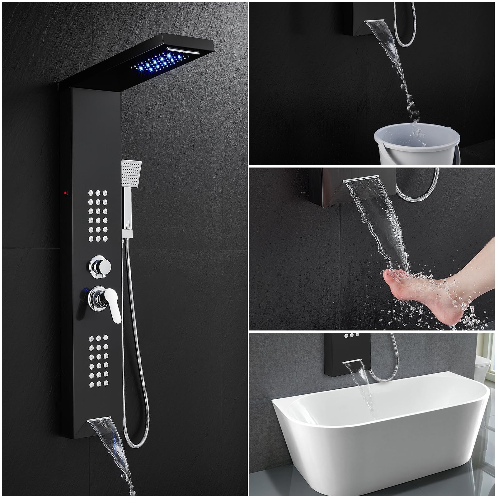 ROVATE 5-in-1 Stainless Steel LED Shower Panel Tower System - Rainfall Waterfall Shower Head with Massage Jets & Handheld Sprayer, High Pressure Shower Tower with Tub Spout (Black) - Perfect for Modern Bathroom Renovation & Spa-Like Shower Experience