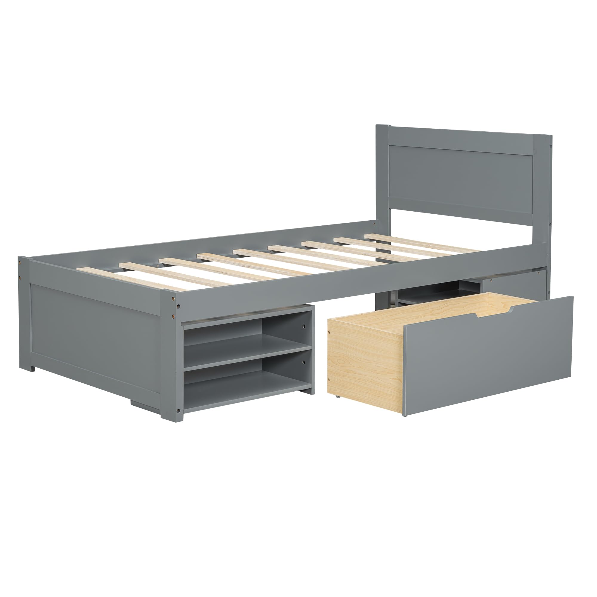 Merax Twin Size Wooden Platform Bed with Storage - Underbed Drawer, Shelves & Rolling Rack for Kids Bedroom - Space-Saving Grey Bed Frame for Boys and Girls | Perfect for Small Rooms, Dorms & Apartments