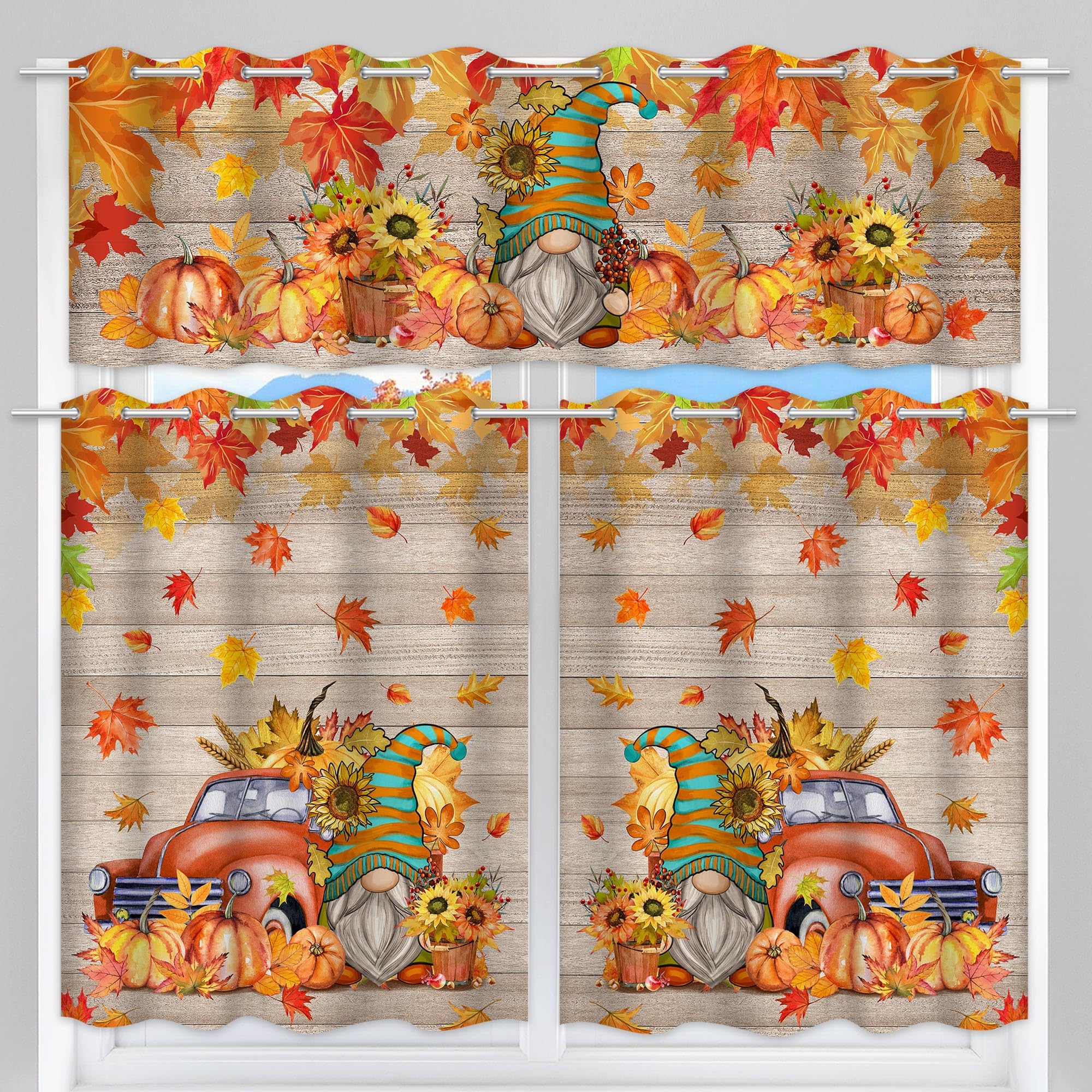 Fall Kitchen Curtains Set of 3 - Farmhouse Gnome, Truck & Pumpkin Harvest Window Curtains 36 Inch Length - Thanksgiving Home Decor for Cozy Autumn Kitchen