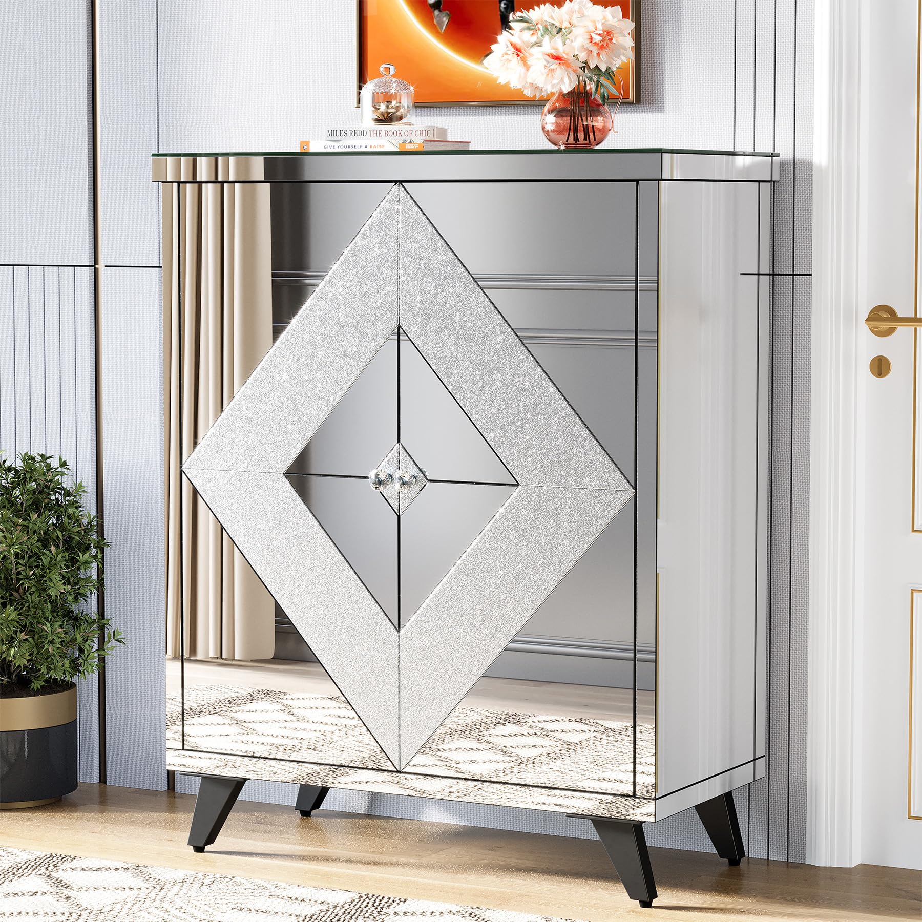 Tribesigns Modern Glass Shoe Storage Cabinet with Mirrored Doors & Crystal Crush Diamond Design - Entryway Shoe Organizer for Hallway, Closet, Bedroom (Perfect for Small Spaces & Home Decor)