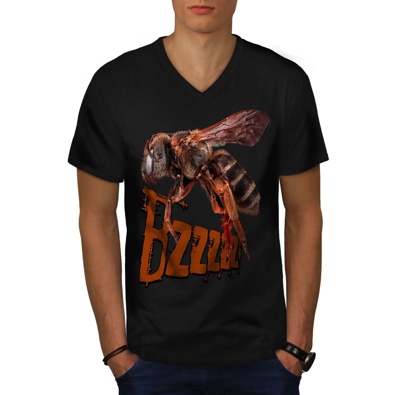 Wellcoda Fly Bee Insect Bug Men's V-Neck Graphic T-Shirt - Casual Summer Tee with Nature Design for Outdoor Activities and Streetwear