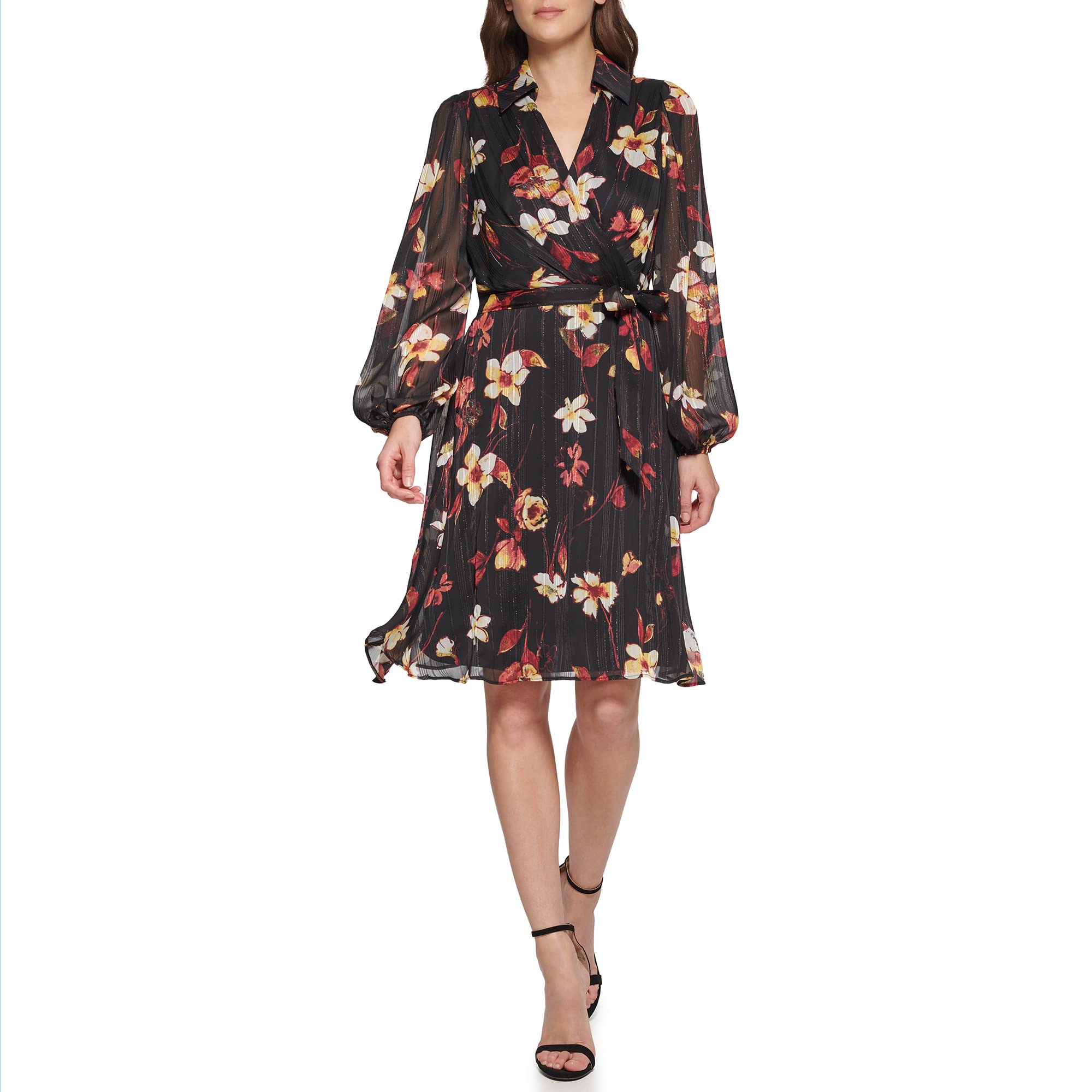 DKNY Women's Long Sleeve Faux Wrap Dress - Elegant Office Wear & Cocktail Party Dress for Women | Plus Size Options Available