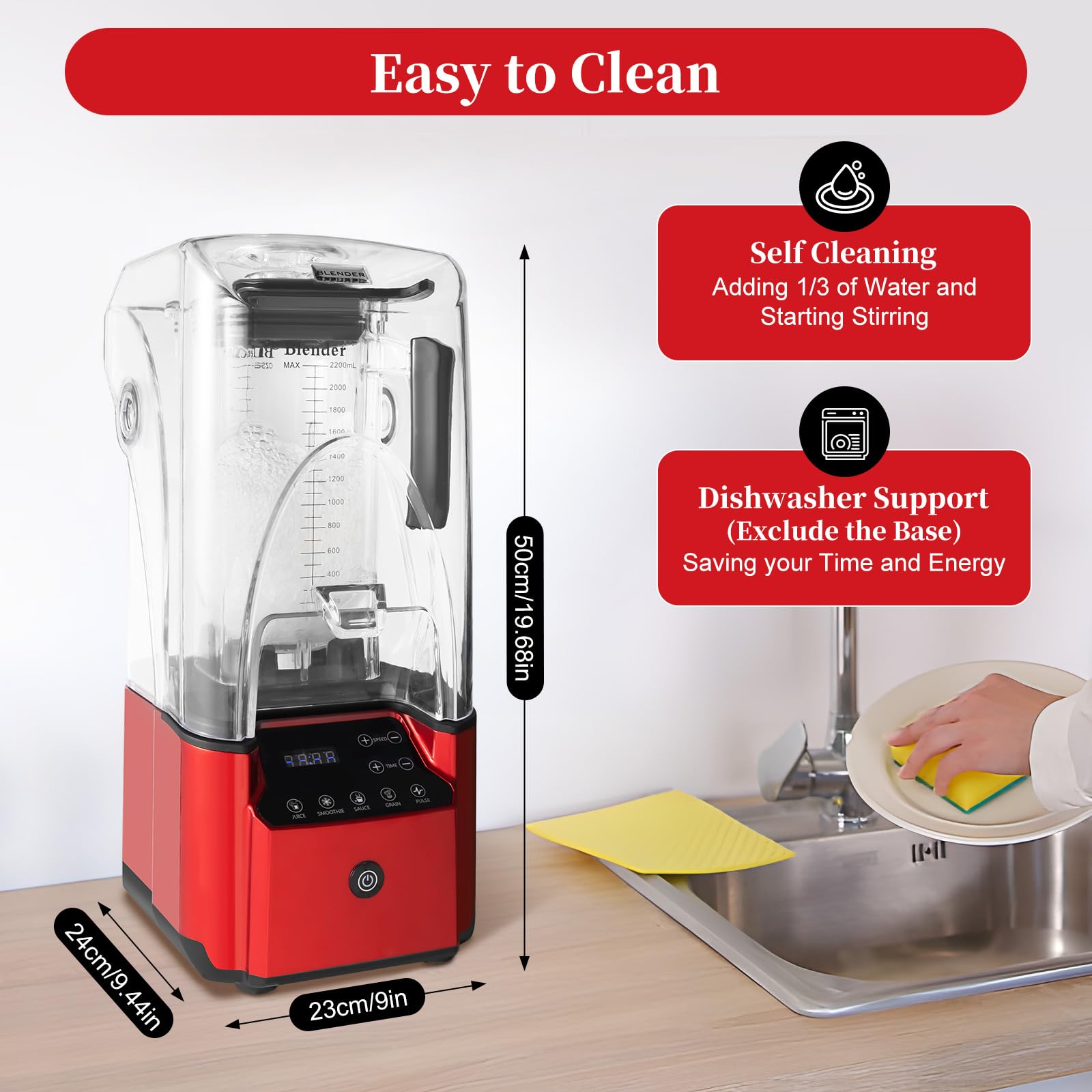 Eapmic 2200W Commercial Blender - High-Powered Smoothie & Juice Blender with Soundproof Technology, Red - Perfect for Restaurants, Cafes & Home Kitchens