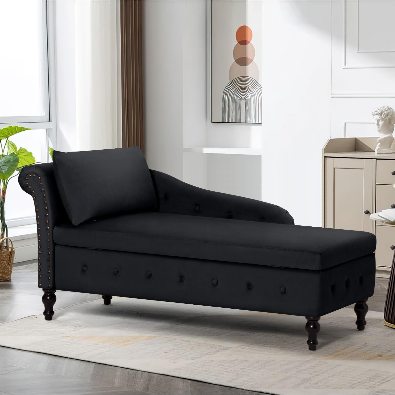 Luxury Velvet Upholstered Chaise Lounge with Left Armrest & Lumbar Support - Button Tufted Modern Lounge Sofa with Storage - Comfortable Living Room, Bedroom & Office Lounge Chair (Black) - Perfect for Relaxing, Reading & Small Space Decor