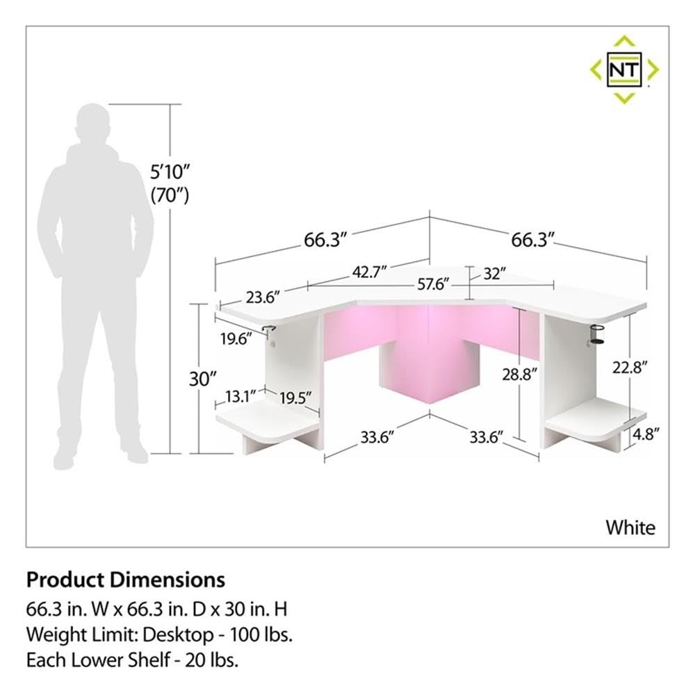NTENSE Mod Corner Gaming Desk with RGB LED Light Kit - Ergonomic White Computer Desk for PC & Console Gamers - Perfect for Small Spaces & Gaming Setups