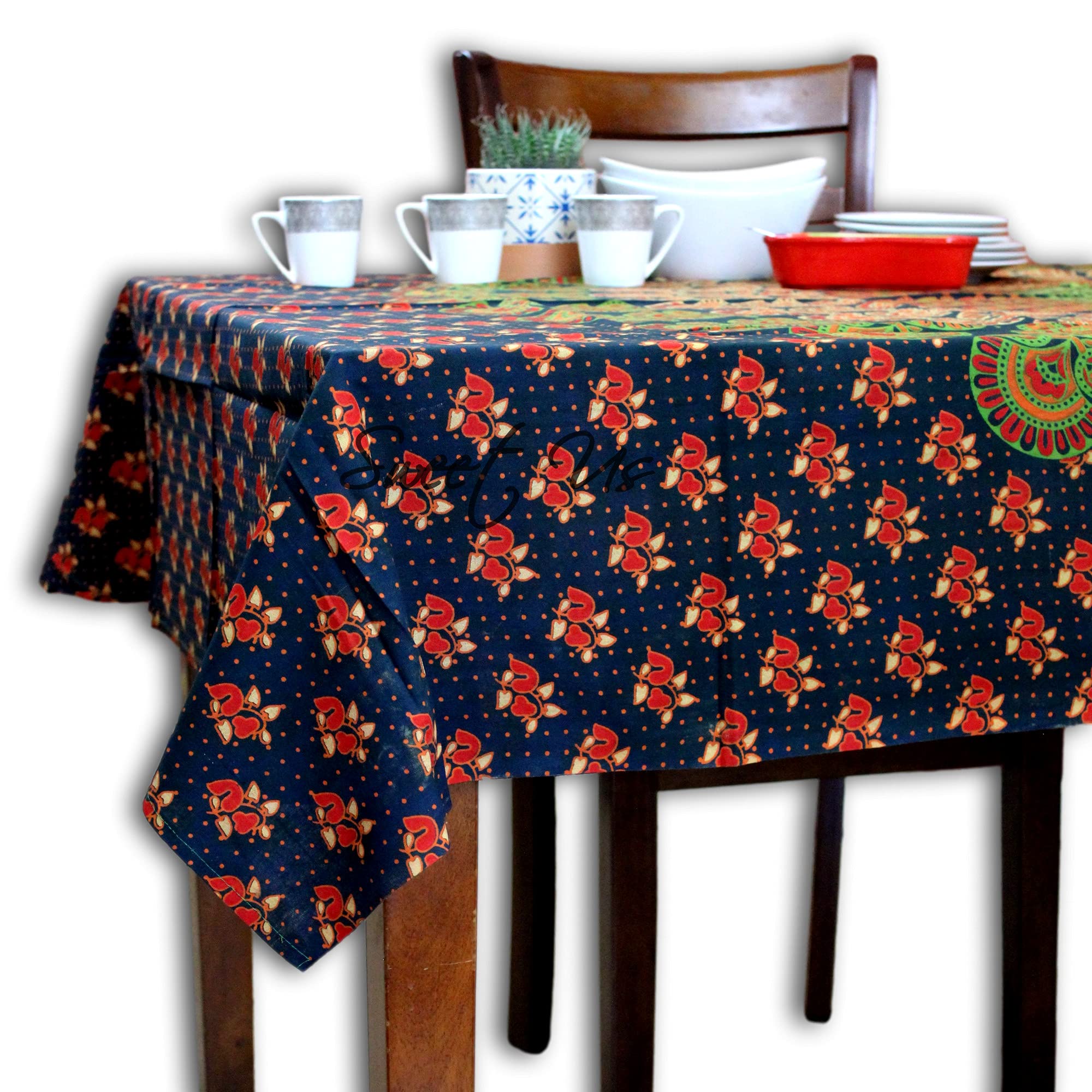 Premium Cotton Floral Tablecloth for Rectangle Tables - Peacock Green Orange Rust Gold Design - 54 x 84 Inch Washable Table Cover for Dining Room, Kitchen, Patio & Outdoor Events