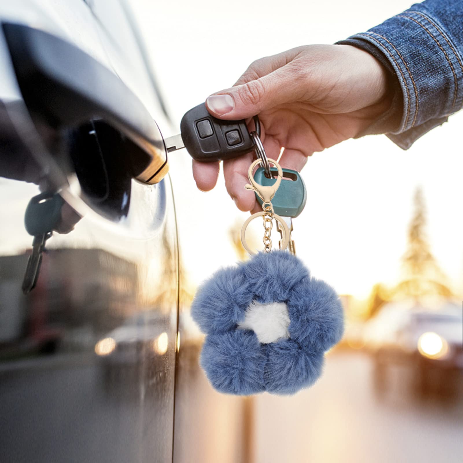 GALPADA Plush Keychain - Faux Fur Pompom Flower Key Ring for Backpacks & Bags (Haze Blue)