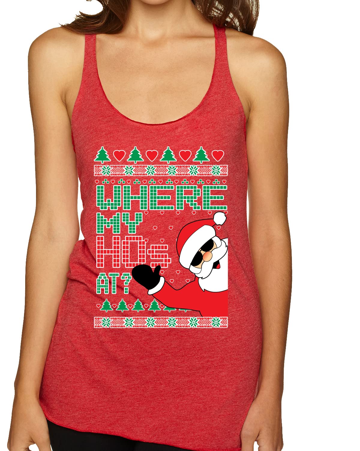 Santa Where My Hos at Christmas Tri-Blend Racerback Tank Top - Funny Holiday Women's T-Shirt for Christmas Parties & Gifts
