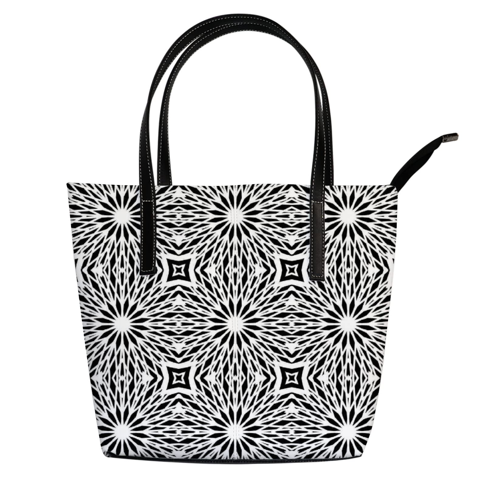 Vintage Black and White Geometric Round Pattern Leather Tote Bag for Women - Stylish Crossbody & Work Handbag with Zipper | Perfect for Office, Travel & Daily Use