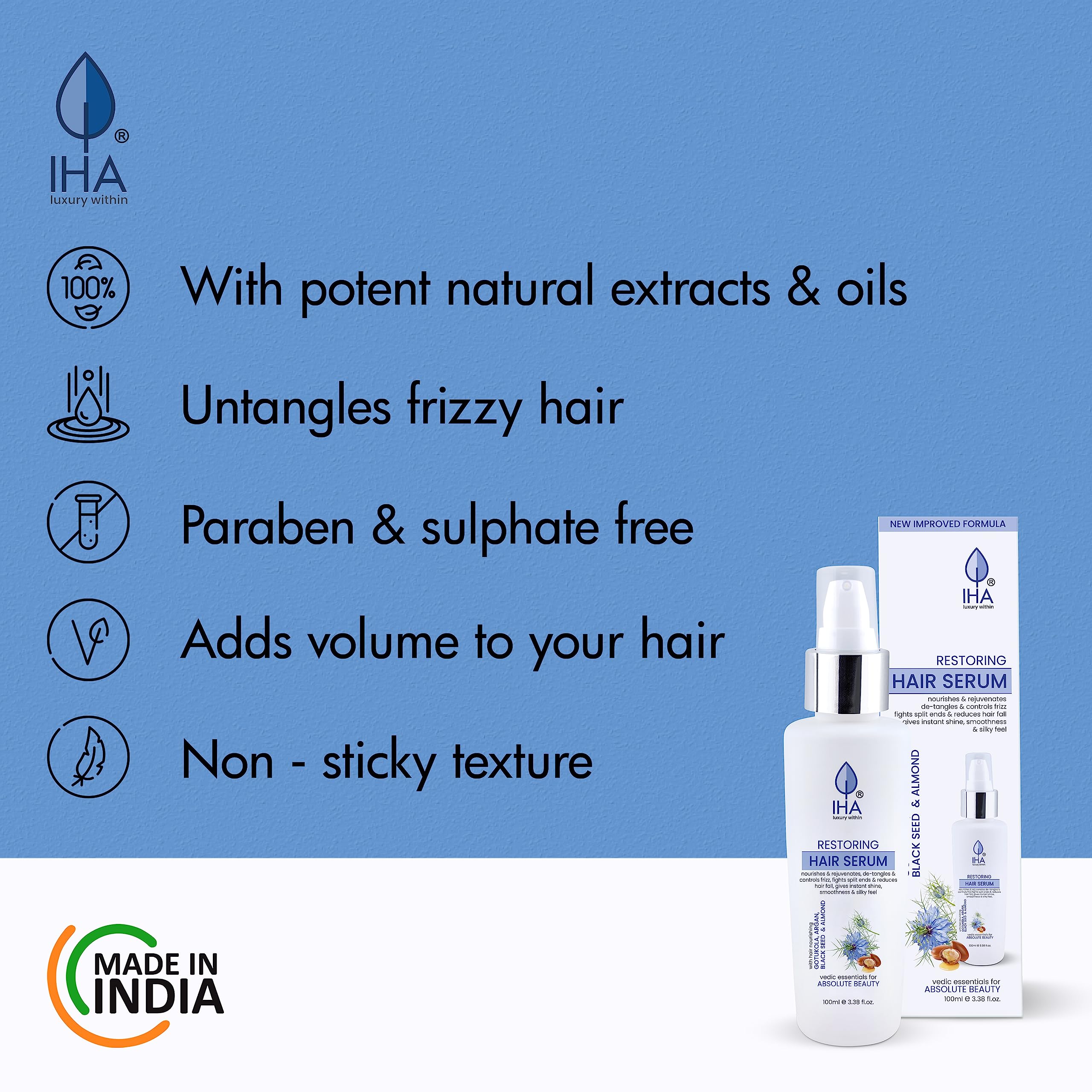 IHA Herbal Hair Serum with Argan & Black Seed Oil - Anti Frizz & Anti Tangle Treatment for Silky Smooth Hair - 100ml for Men & Women - Perfect for Daily Hair Care, Styling & Damaged Hair Repair