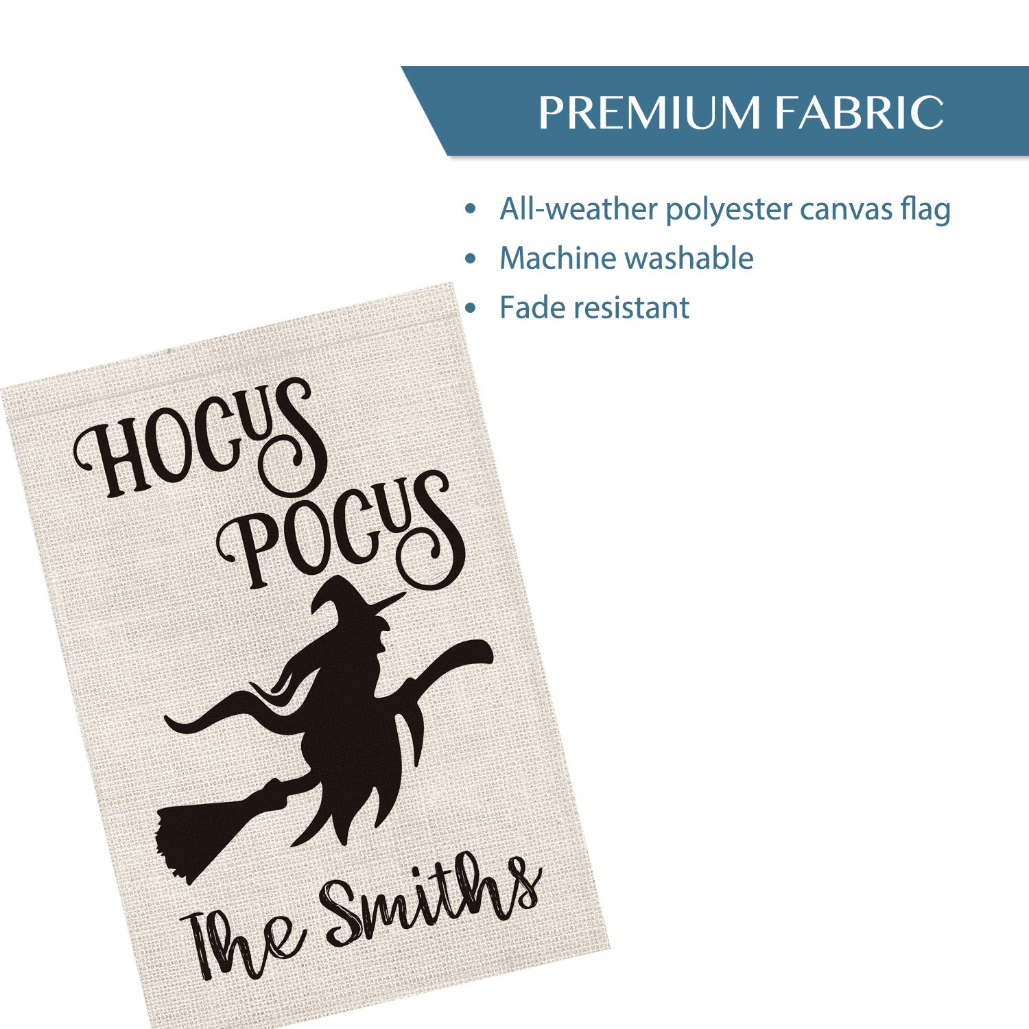 Personalized Halloween Wicked Witch on Broom House Flag - Custom Hocus Pocus Family Name Double Sided 28x40 Inch Rustic Farmhouse Burlap Outdoor Decoration for Yard, Porch & Halloween Party Decor