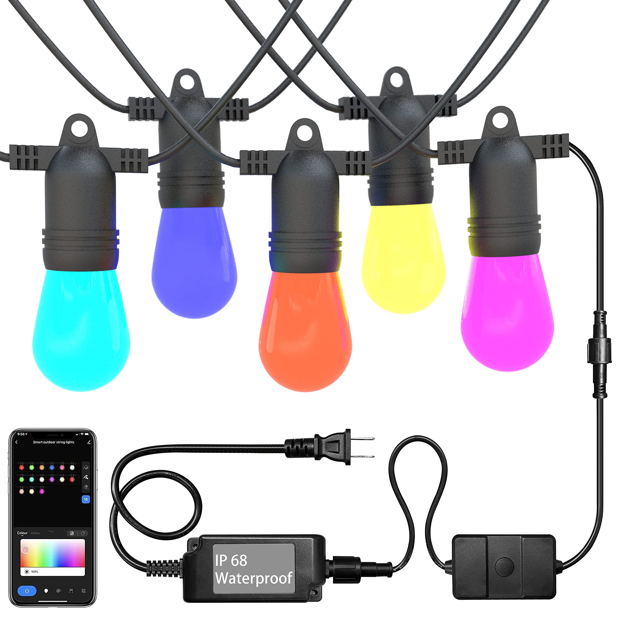 SUNTHIN 49FT Smart Outdoor String Lights with 15 Shatterproof RGBW Bulbs - Alexa & Google Assistant Compatible - Waterproof Hanging Lights for Patio, Porch, Yard, Pergola, Deck, Garden - Perfect for Parties, Weddings, and Outdoor Decor