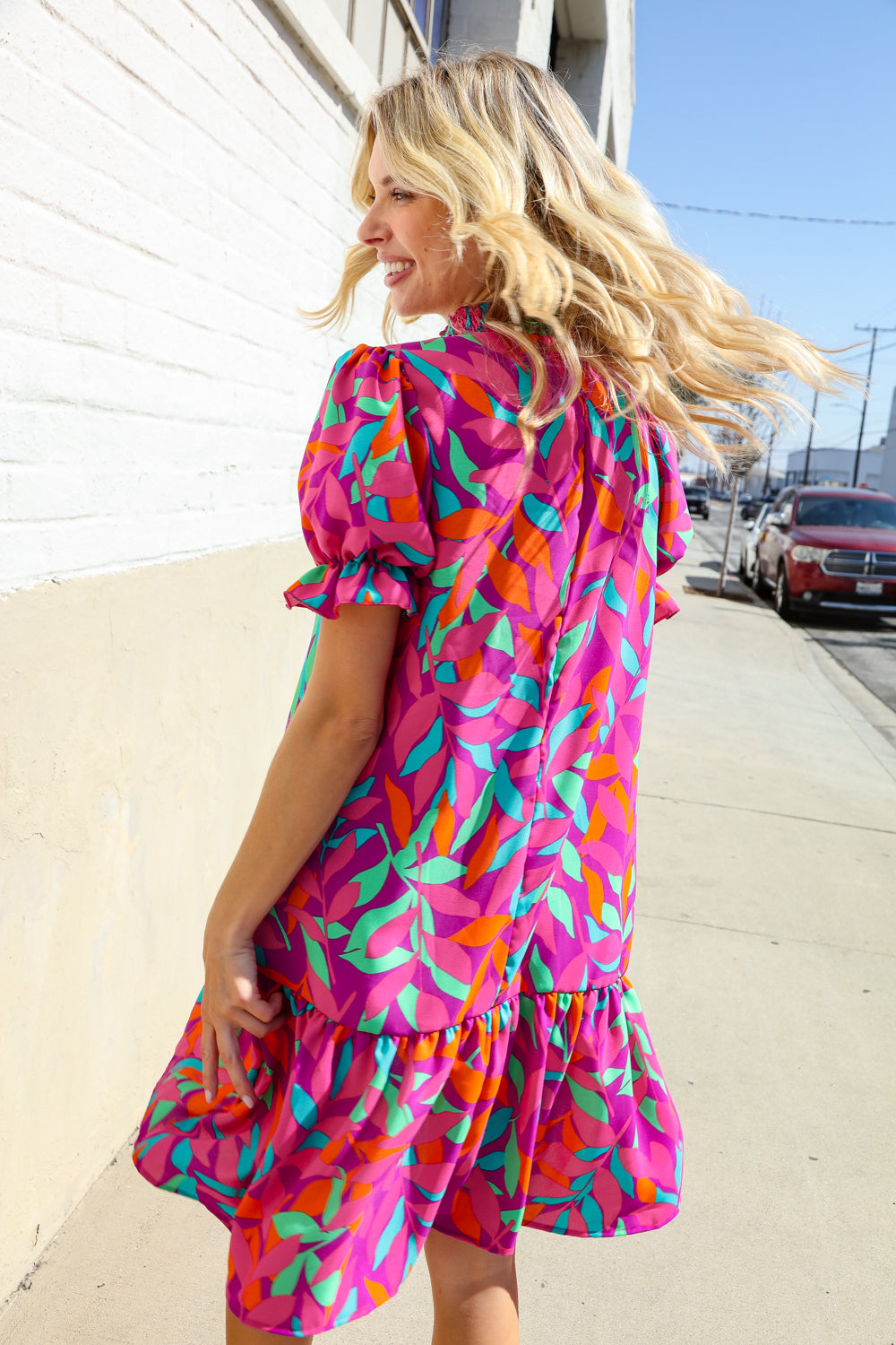 Fuchsia Tropical Leaf Print Woven Ruffle Hem Dress with Pockets - Women's Summer Beach Dress for Vacation, Party & Casual Wear
