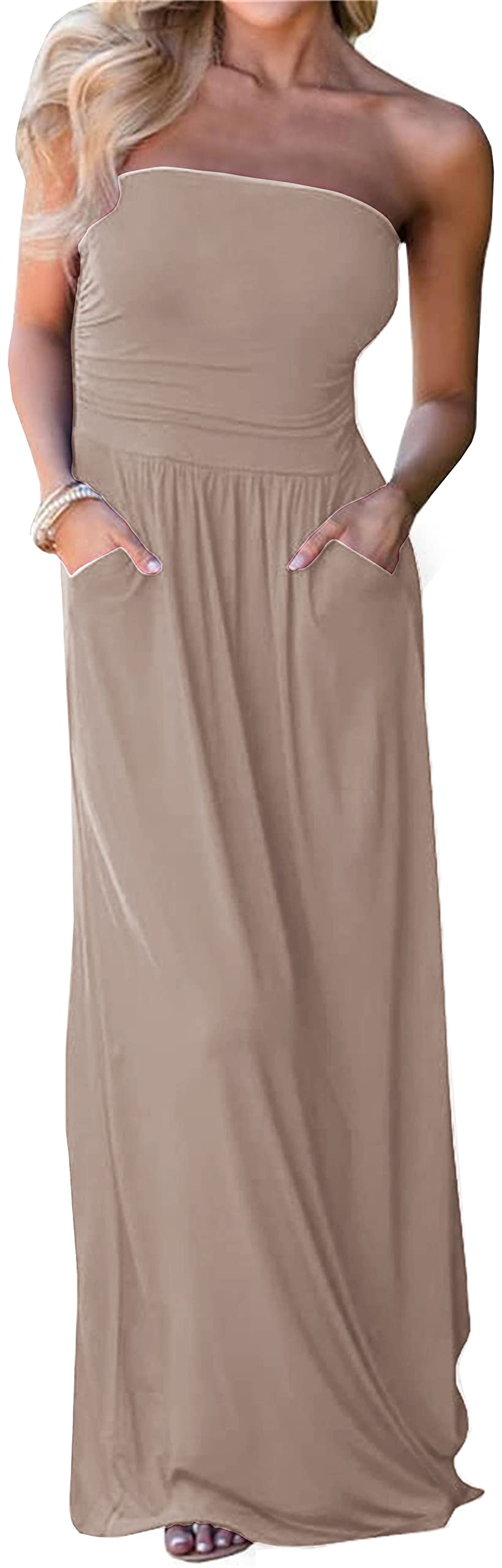 PRIMODA Women's Strapless Tube Top Maxi Dress - Floral Boho Beach Dress with Pockets for Summer Vacations, Pool Parties & Date Nights