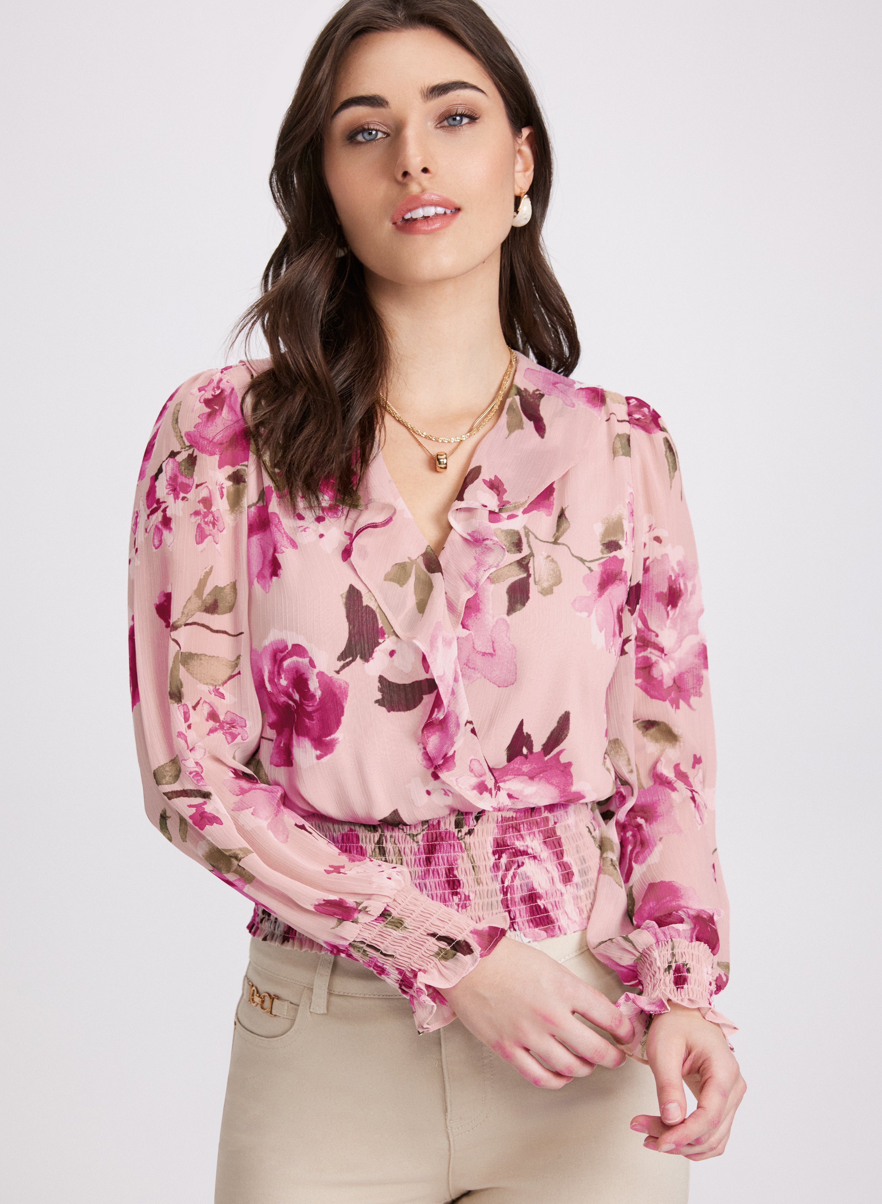 Floral Print Blouse for Women - Elegant Flowy Summer Tops with V-Neck & Short Sleeves - Perfect for Office, Date Night & Casual Outings