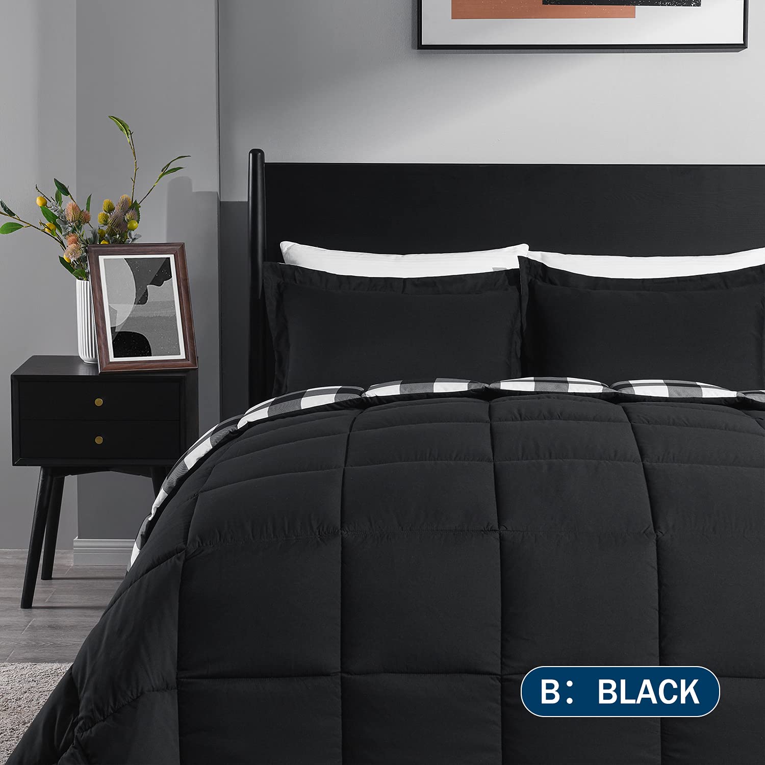Premium Lightweight Plaid Comforter Set King Size - 3 Piece Reversible Down Alternative Bedding with 2 Pillow Shams - Black White Checkered Pattern - Cozy All-Season Luxury Bed Set for Master Bedroom, Guest Room & Dorm Decor