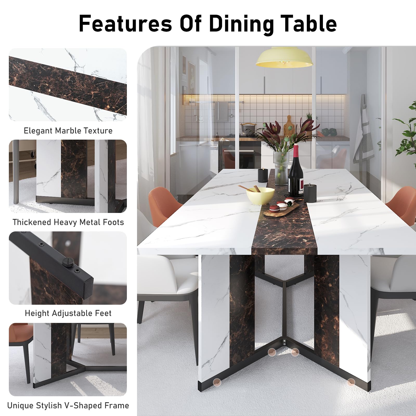71-Inch Large Rectangular White Dining Table for 4-7 People with 35-Inch Marble-Color Waterproof Wood Tabletop & Adjustable Legs - 6ft Luxurious Family Dinner Table for Home, Kitchen, Living Room - Perfect for Family Gatherings, Dinner Parties & Daily Meals