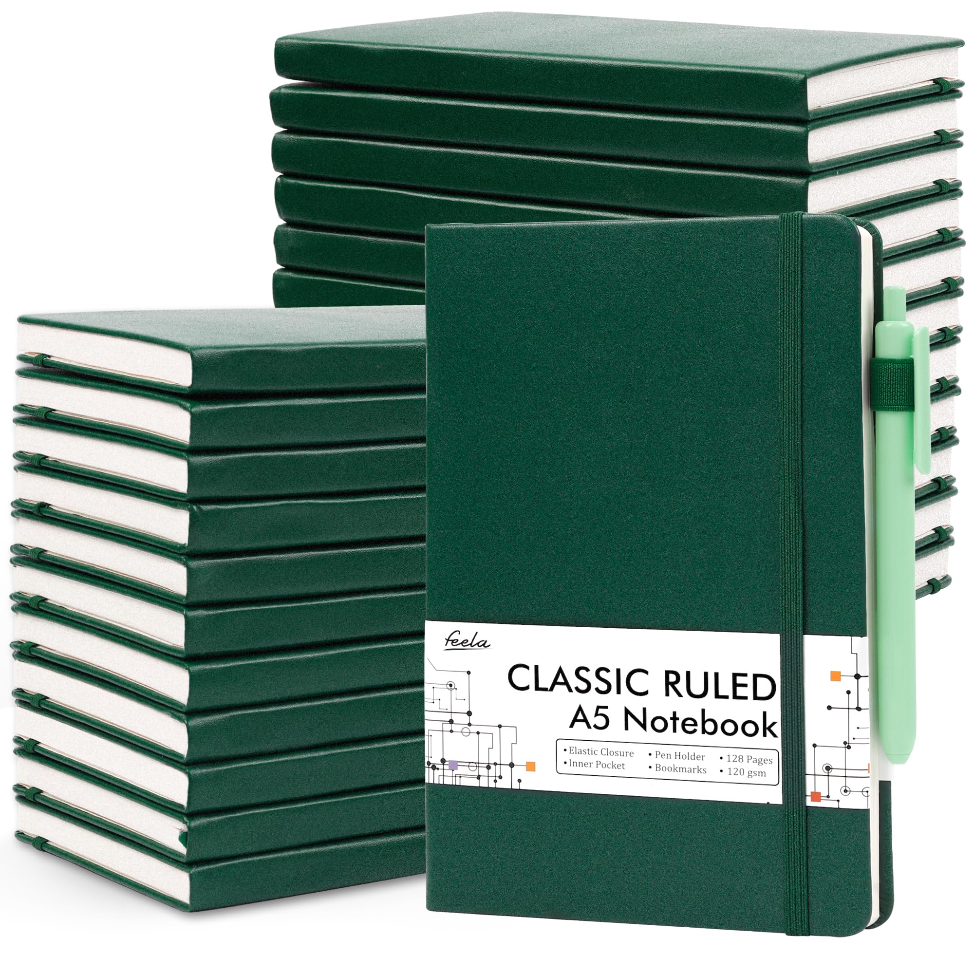 Premium 24-Pack Hardcover Lined Notebooks for Work & Business - A5 Size (5.1”x8.3”) with Pen Holder, 120 GSM Thick Paper - Bulk Journals for Note Taking, Office & School Supplies - Includes 24 Black Pens (Dark Green) - Perfect for Professionals, Students & Daily Planning