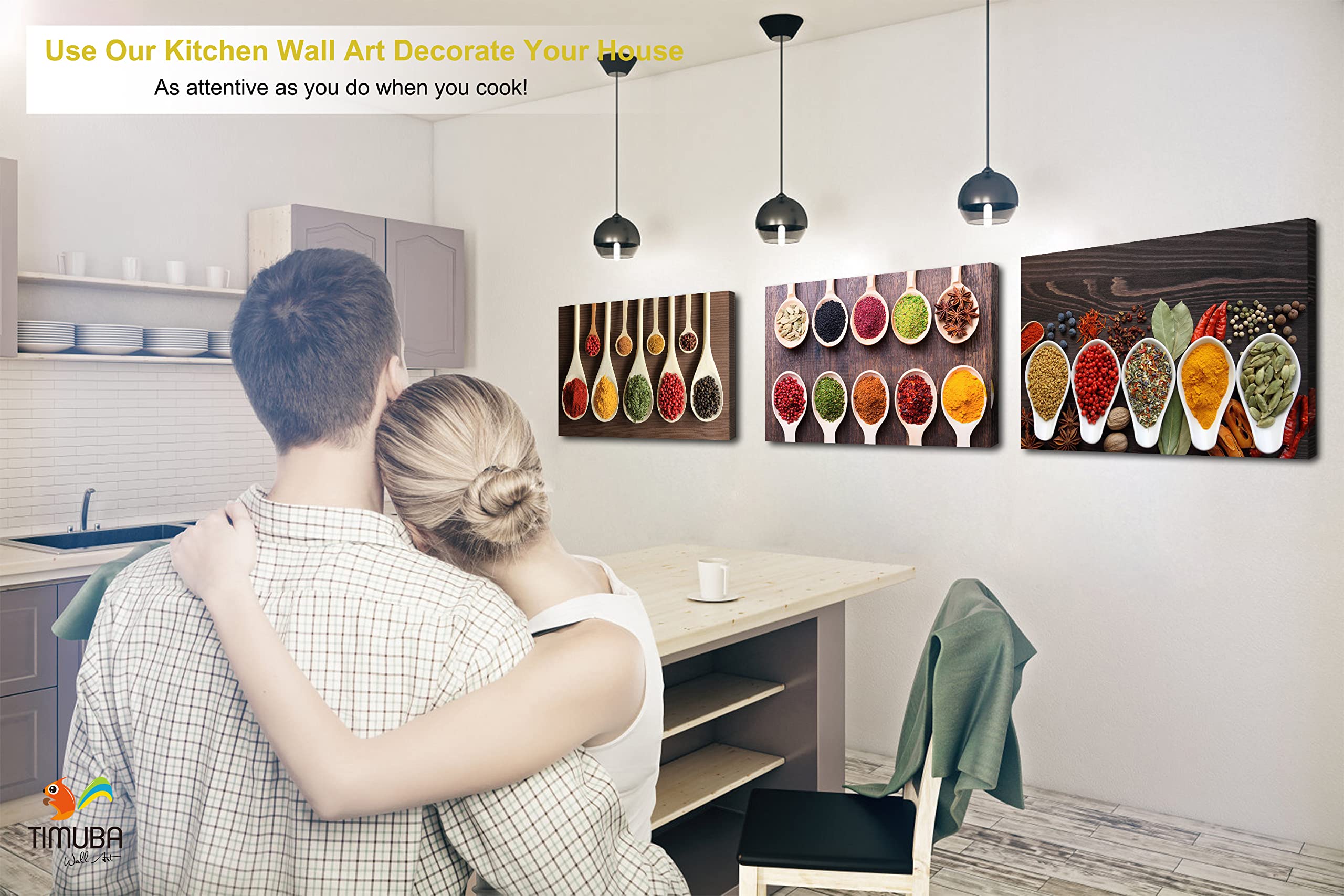 TIMUBA Kitchen Canvas Wall Art Set of 3 - 20x30 Inch Spoon & Spice Paintings for Dining Room, Living Room Decor - Modern Home Wall Decorations | Perfect for Farmhouse, Apartment & Restaurant Wall Decor