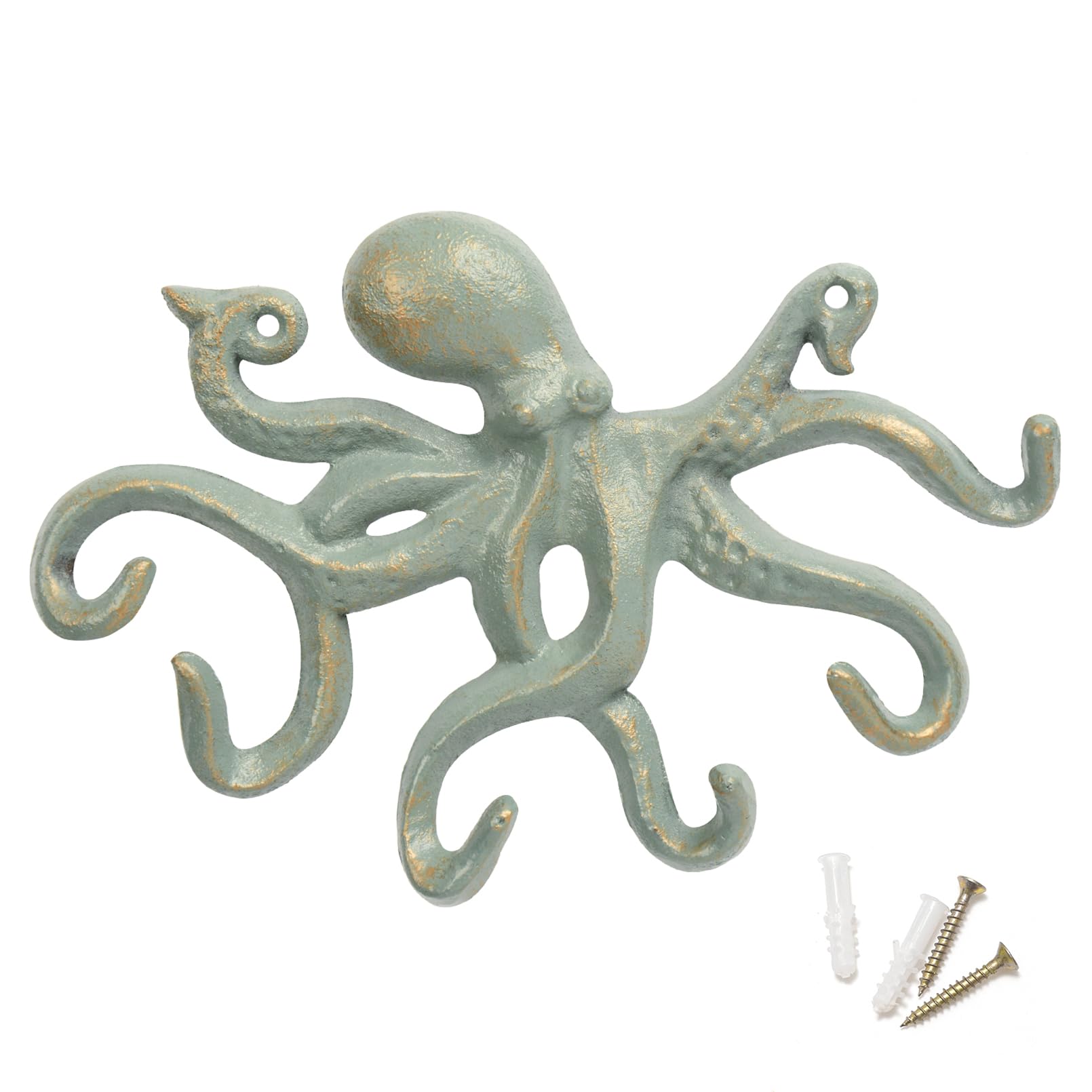 Rustic Octopus Wall Hooks - 6-Arm Decorative Key Holder for Coats, Towels & Hanging Storage (Gold Green) | Perfect for Entryway, Bathroom & Farmhouse Decor