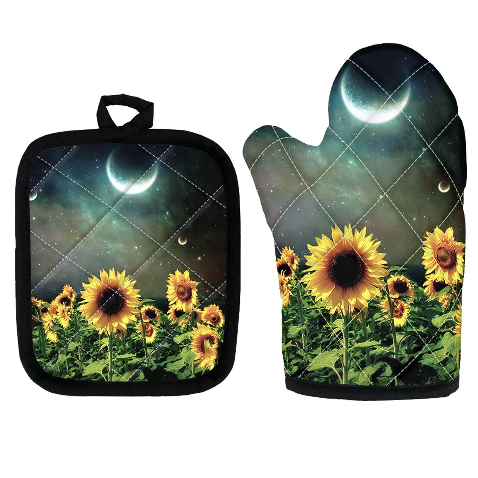 Heat Resistant Non-Slip Cotton Kitchen Oven Mitts - Sunflower Pattern Baking Gloves for Women & Girls (1 Pair) - Perfect for Baking, Grilling, and Microwave Use