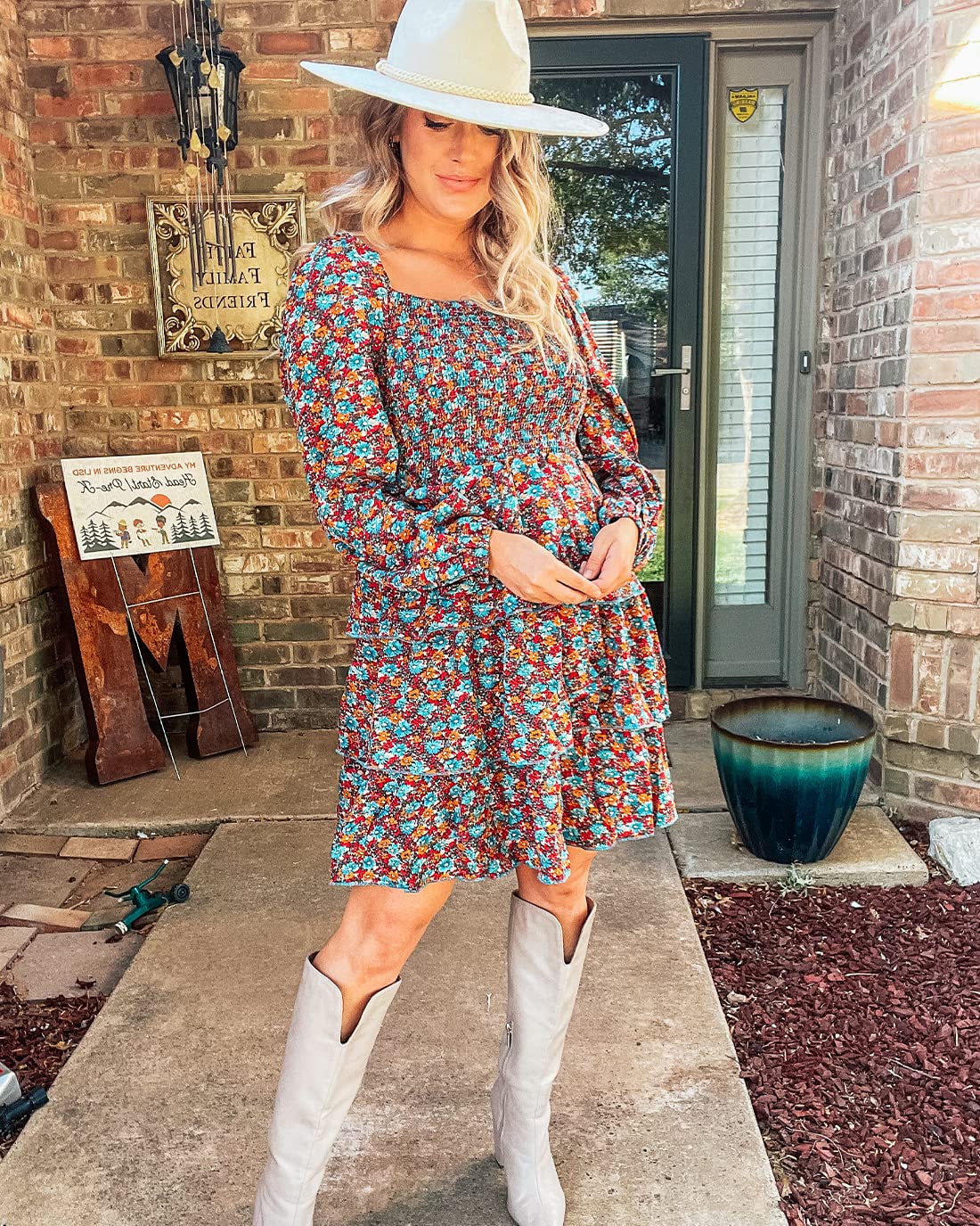 BTFBM Women's Floral Swiss Dot Smocked Mini Dress - Square Neck Long Sleeve Boho Wedding Guest Dress for Spring & Summer 2025 | Perfect for Garden Parties, Bridal Showers & Casual Events