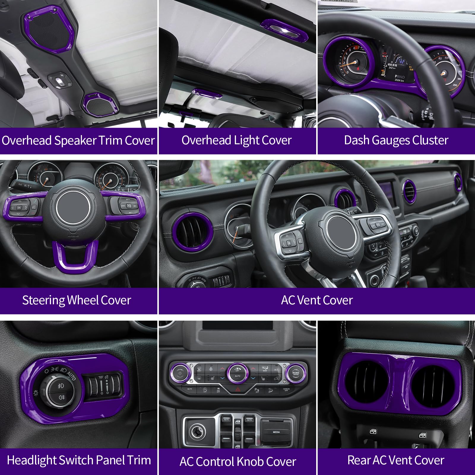 RT-TCZ Purple Interior Trim Cover Kit for Jeep Wrangler JL & JLU (2018-2023) - 20pcs Steering Wheel & AC Vent Accessories | Upgrade Your Ride's Style & Protection