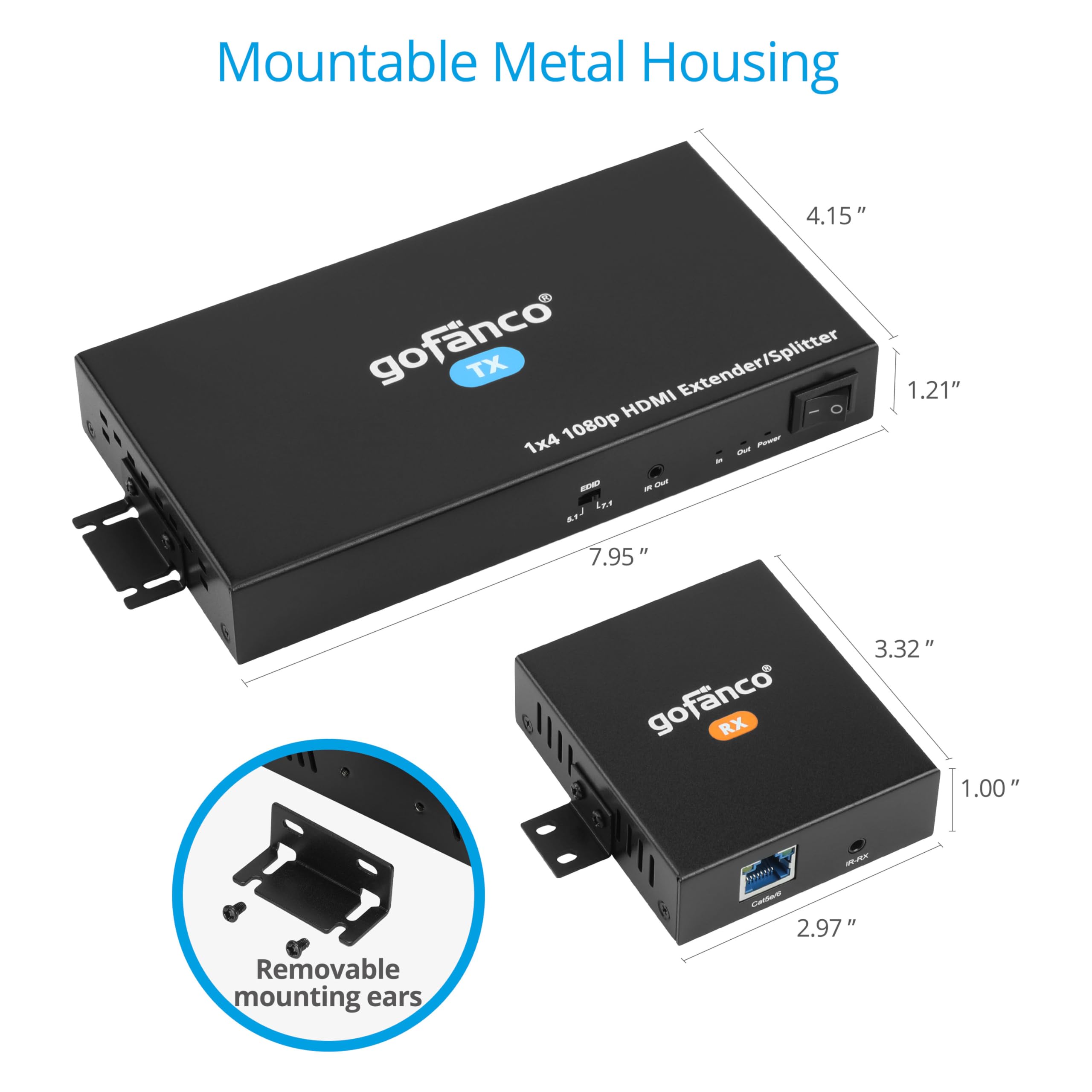 gofanco 1080p 1x4 HDMI Extender Splitter Over CAT5e/6/7 Ethernet Cable - 165ft (50m) Range with Local Loopout, PoC, EDID & IR Extension | Supports 5.1/7.1ch Audio & Wall Mounting | Ideal for Home Theater, Conference Rooms & Multi-Screen Setups (HDExt4P-Pro v2.0)