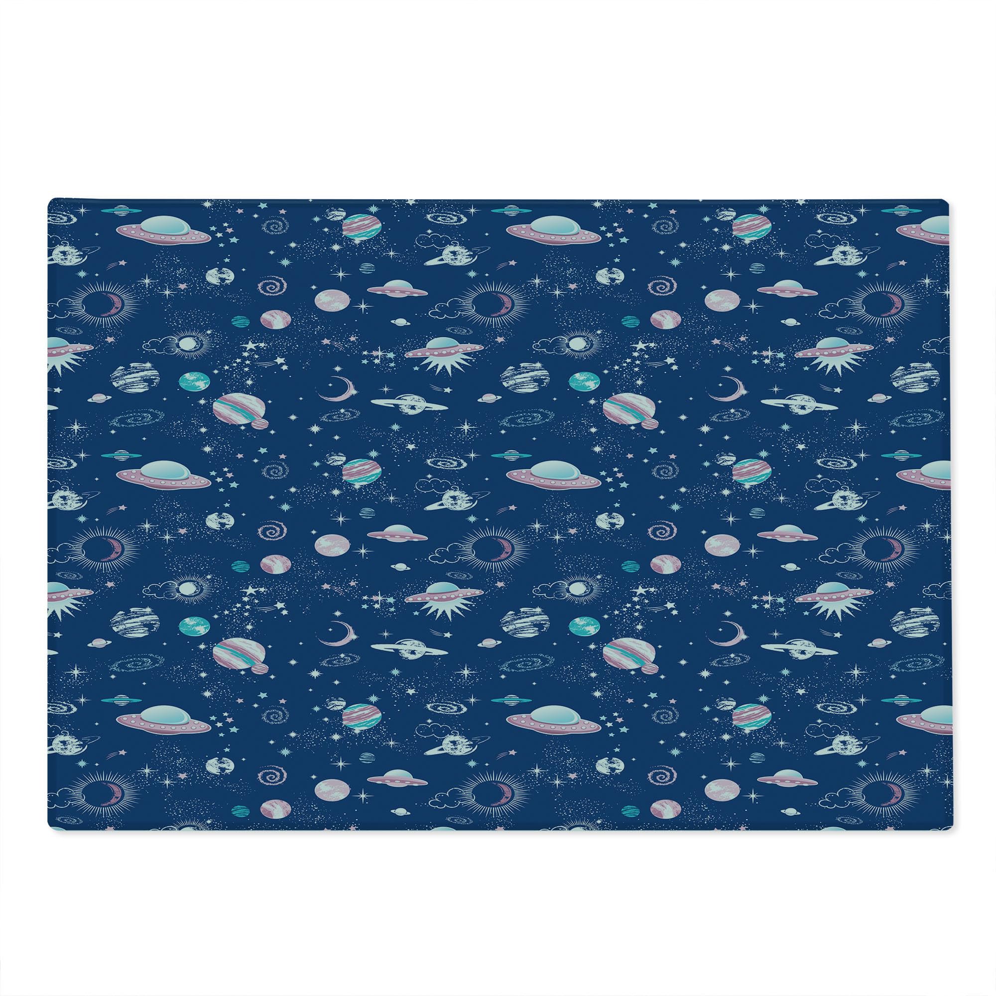 Ambesonne Blue Sky Tempered Glass Cutting Board - Abstract Saturn UFO Aliens Galaxy Planets Design - Large Decorative Serving Board for Kitchen & Dining - Perfect for Entertaining, Charcuterie & Cheese Platters