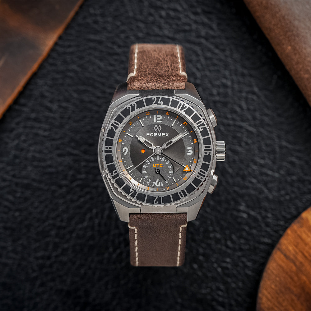 Stratos UTC Automatic 41mm Grey Leather Strap Watch for Men - Perfect for Business, Travel & Everyday Wear