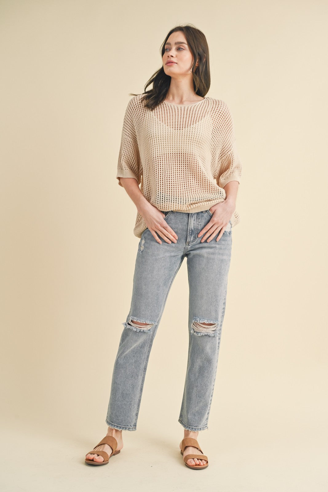 Women's Beige Open Knit Sweater Top - Lightweight Loose Fit Cardigan for Fall & Winter - Perfect for Casual Outfits, Layering and Office Wear