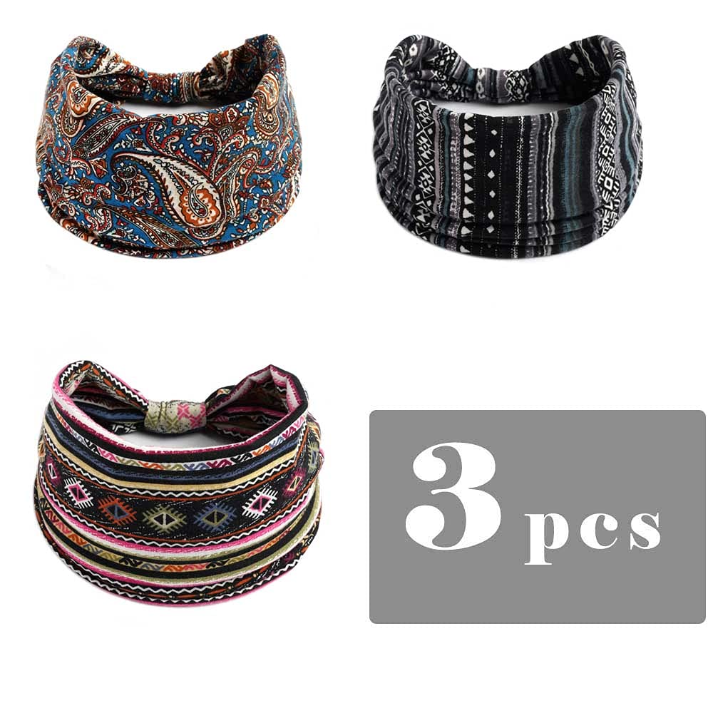3PCS Boho Bandeau Headbands - Wide Knot Stretch Elastic Floral Printed Hairbands for Women & Girls | Yoga, Workout, Sports & Fashion Accessories | Stylish Fabric Turban Headwraps for Everyday Wear