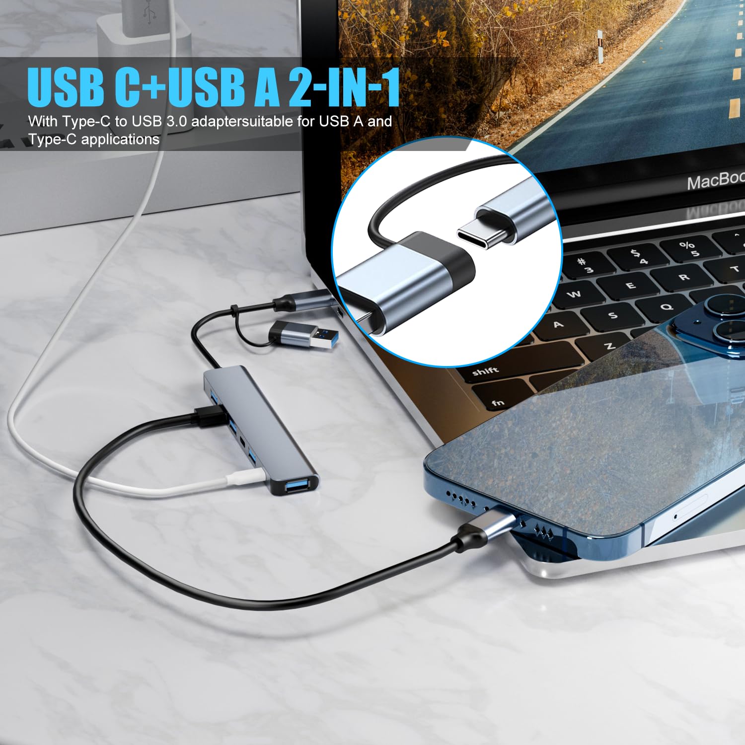 Premium 7-in-1 Aluminum USB C Hub with USB 3.0 & 2.0 Ports - High-Speed Data Transfer for MacBook Pro/Air, iMac, iPad, Windows Laptops & PC - Perfect for Home Office, Remote Work & Travel Accessories