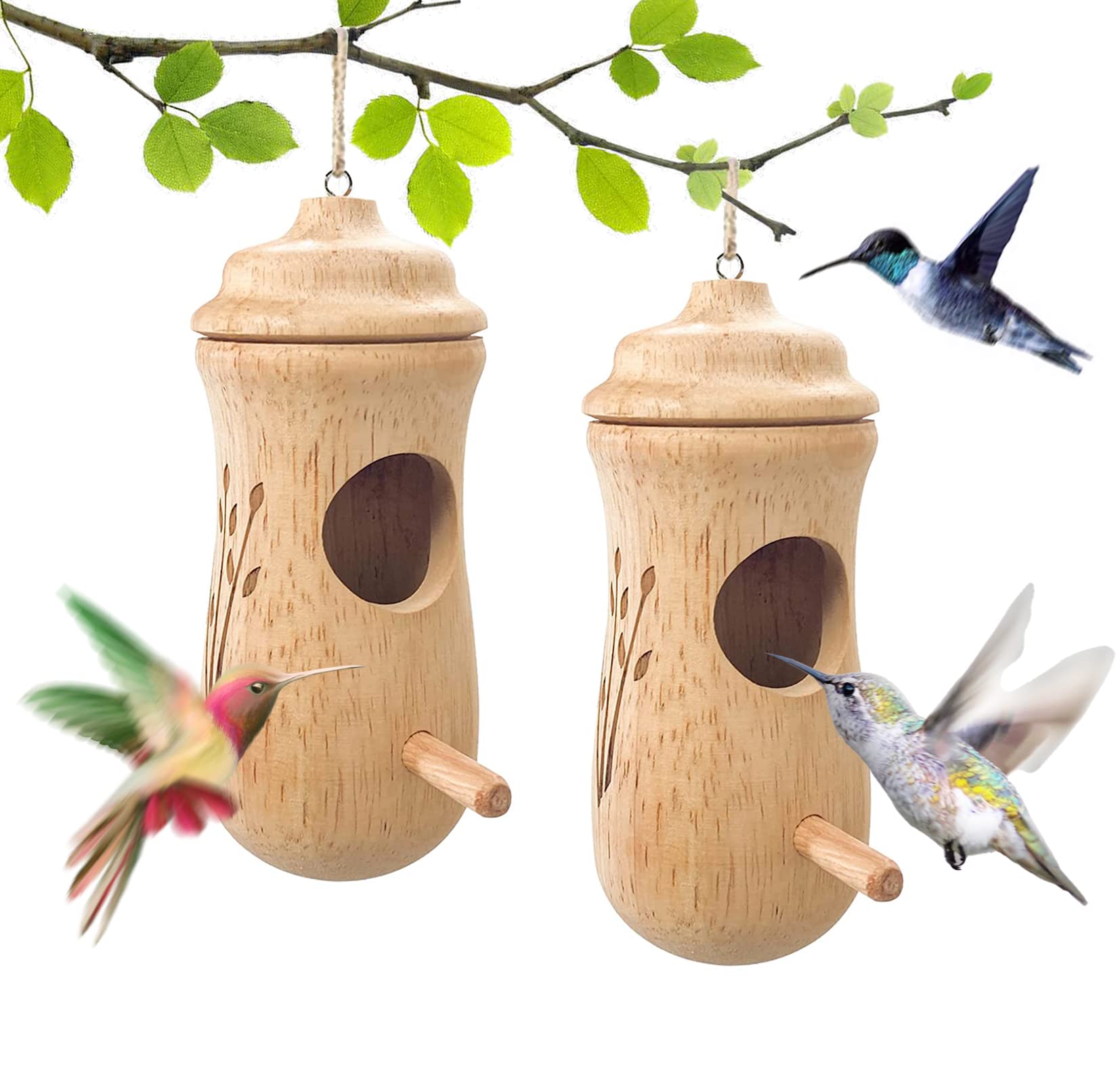 2PCS Wooden Hanging Hummingbird Houses for Garden - Natural Outdoor Bird Shelter & Decorative Cottage for Hummingbirds - Perfect for Backyard, Patio, and Nature Lovers