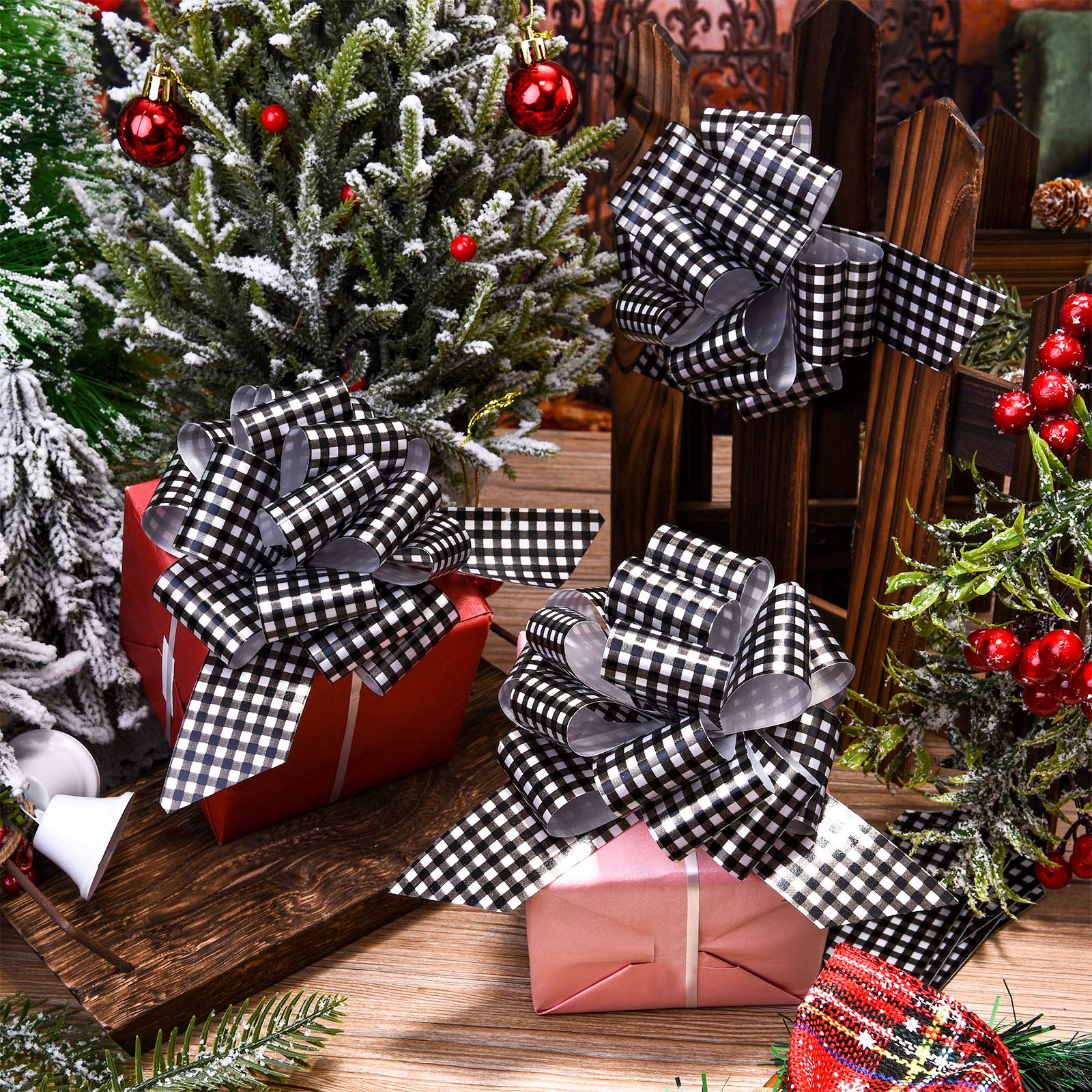 20-Piece 5-Inch Christmas Pull Bows - Black and White Plaid Gift Wrapping Bows for Presents, Tree Decor, Wreaths & Holiday Baskets - Buffalo Check Ribbon Bows for Festive Home Decor & Party Gift Packaging