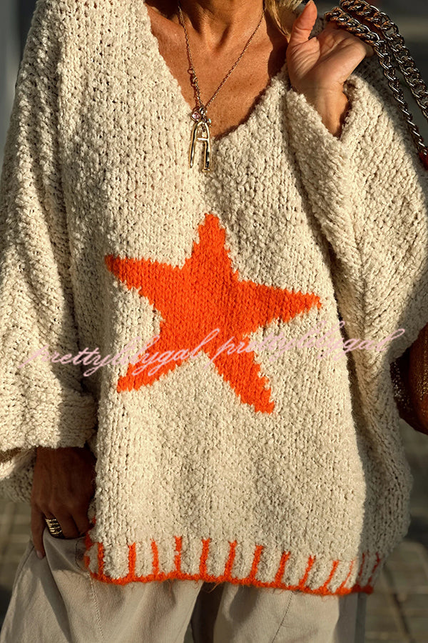 Cozy Winter Knit Sweater with Star Pattern & Contrast Colors - Loose Fit for Casual Outings, Holiday Gatherings & Cold Weather Fashion